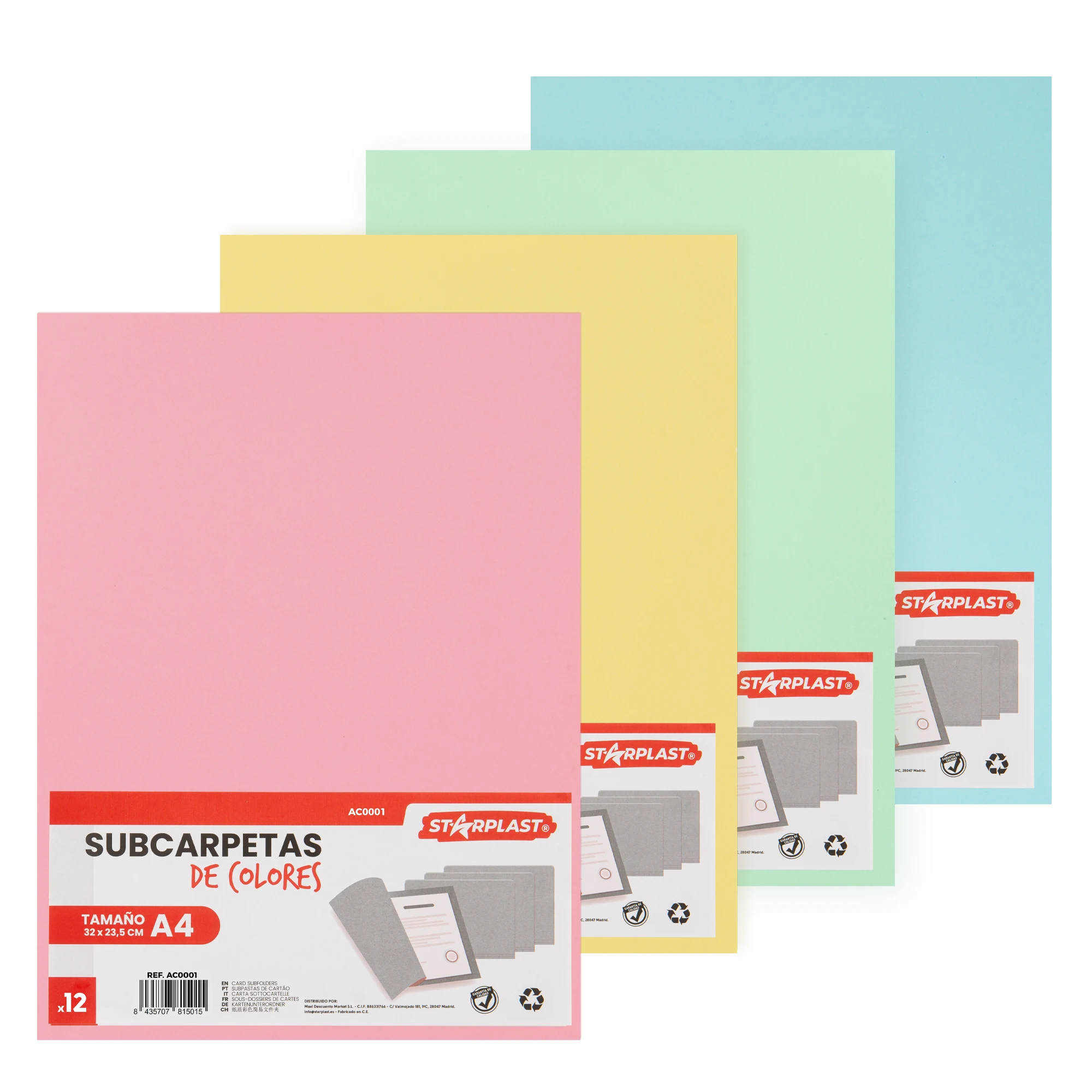 Starplast Pack 16, 24, 100  Subcarpetas colores pastel 160 gr, Tamaño A4, 32x23,5 cm, packs monocolor y surtido, archivos, escuela, hogar, oficina, adulto, instituto, cartón, azul, rosa, amarillo,