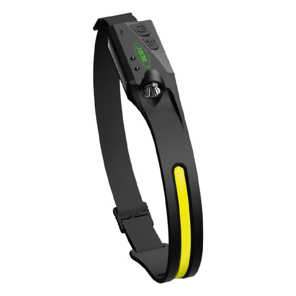 Jbm 54004 portable cob front light. Material: silica gel. Power indicator, induction indicator. Motion sensor activation mode. Usb charging cable included.