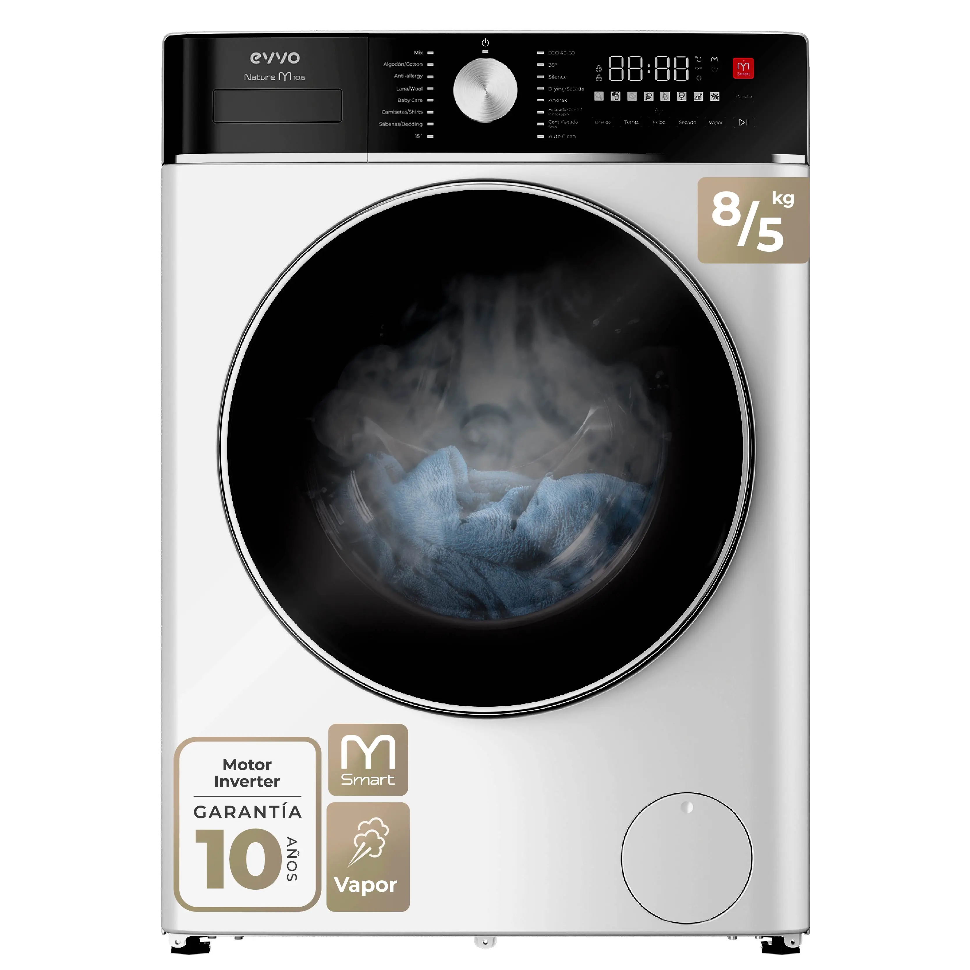 EVVO Lavadora secadora 8 kg + 5 kg carga frontal Nature M8/5, 1400 rpm, Función vapor Steam Wash, Motor BLDC , M-Smart ,
