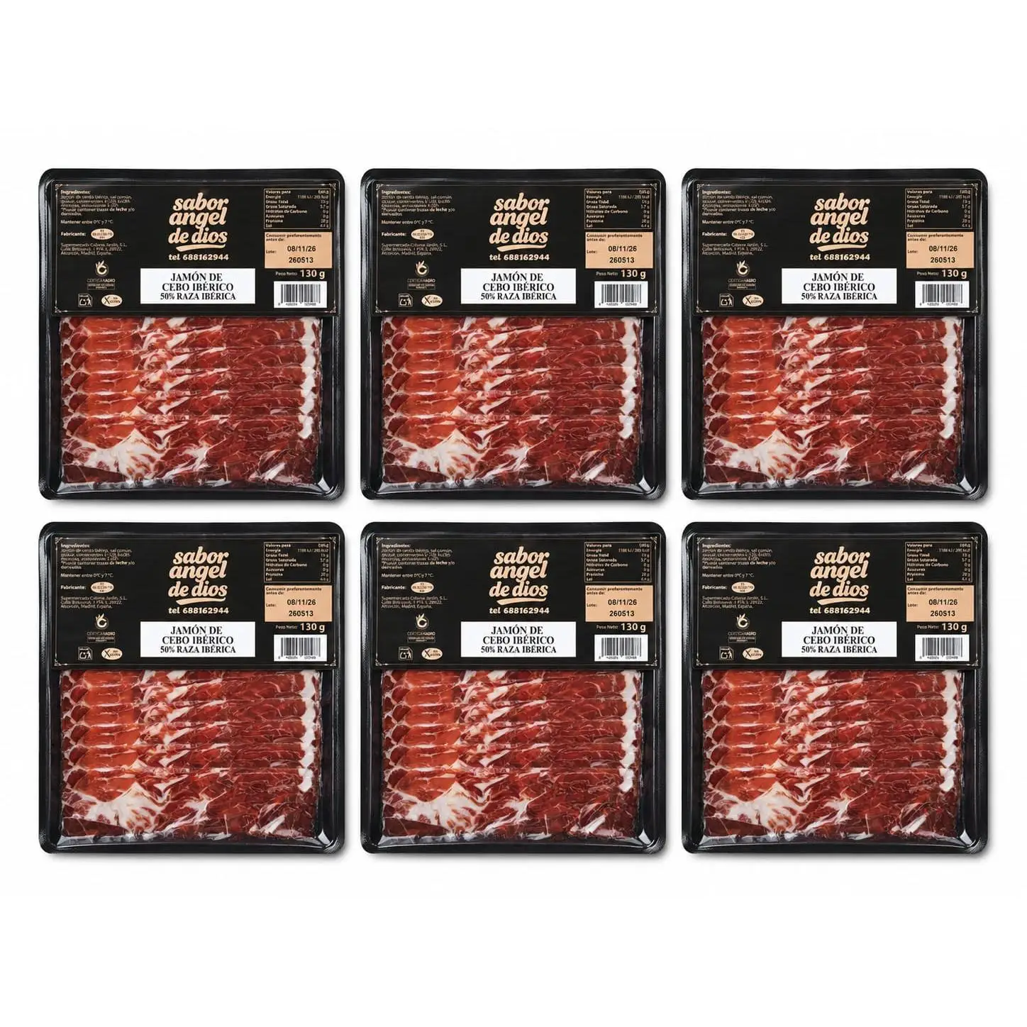 Petalos de Jamon de Cebo Iberico 50% RAZA IBERICA 130gr - 6 SOBRES, TOTAL 780gr  - SABOR ANGEL DE DIOS.