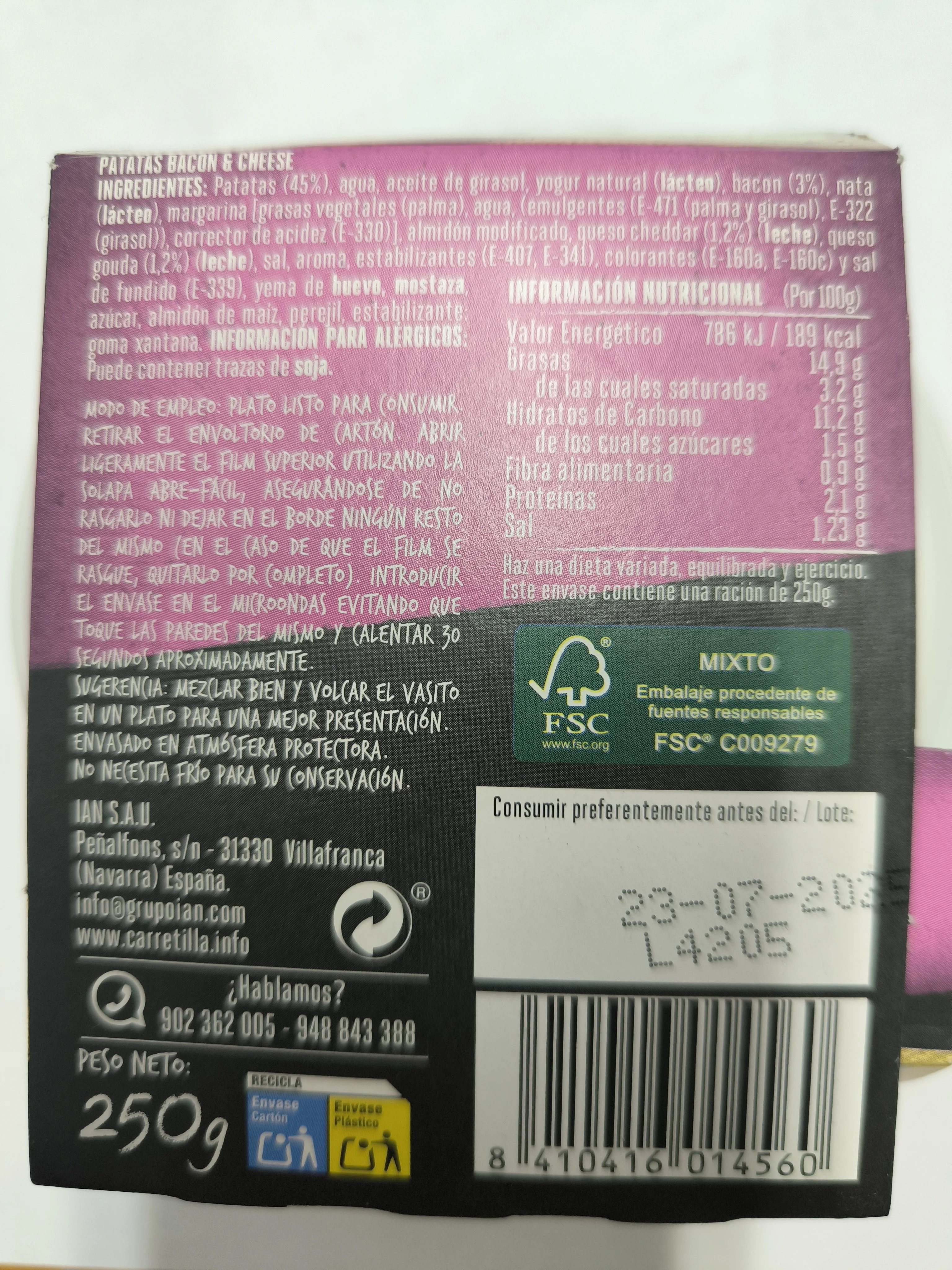 Bacon&cheese potato wheelbarrow with lids 8 units of 250 gr selected ingredients, gluten free and vegan #3