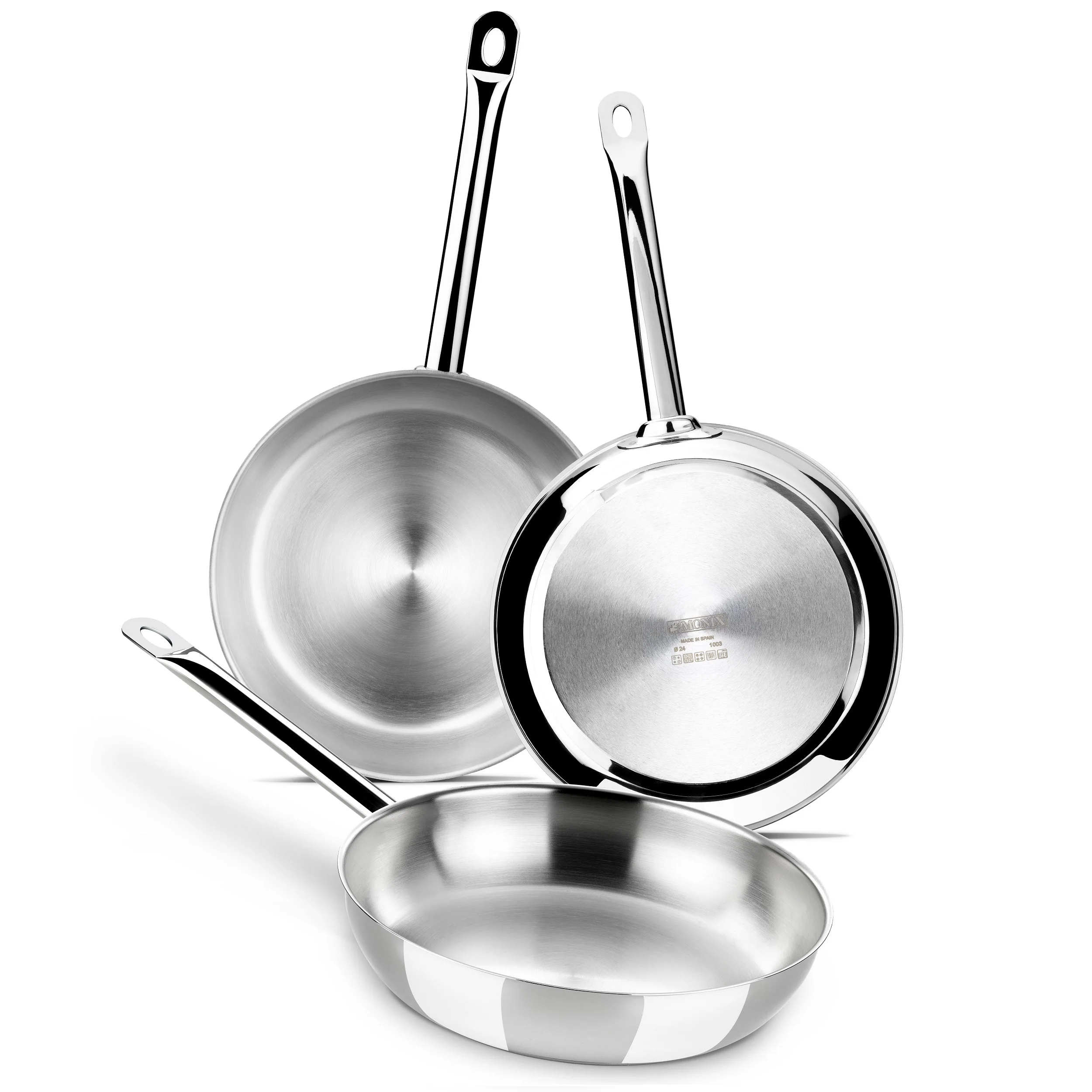 Monix Chef - Set 3 Sartenes, Lote 20, 24 y 28 cm, Acero Inoxidable, Triple Fondo Difusor Forjado, Mango Pulido Brillante, Apta Inducción