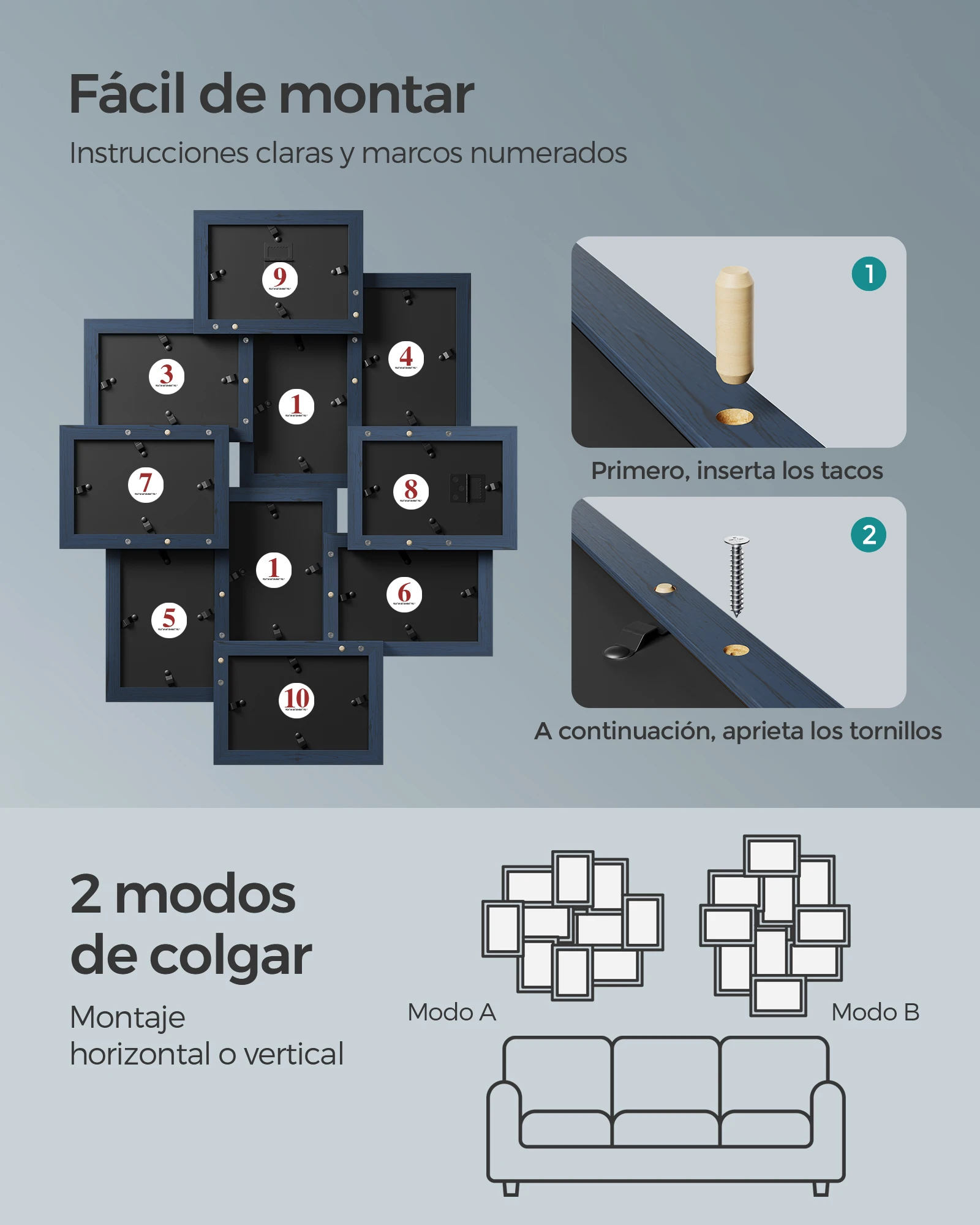 Songmics photo frame collage, 10 10x15cm photo frames, photo frames for wall, multiple frames, wall decor, navy blue/natural beige/cloud white/rustic brown/ink black