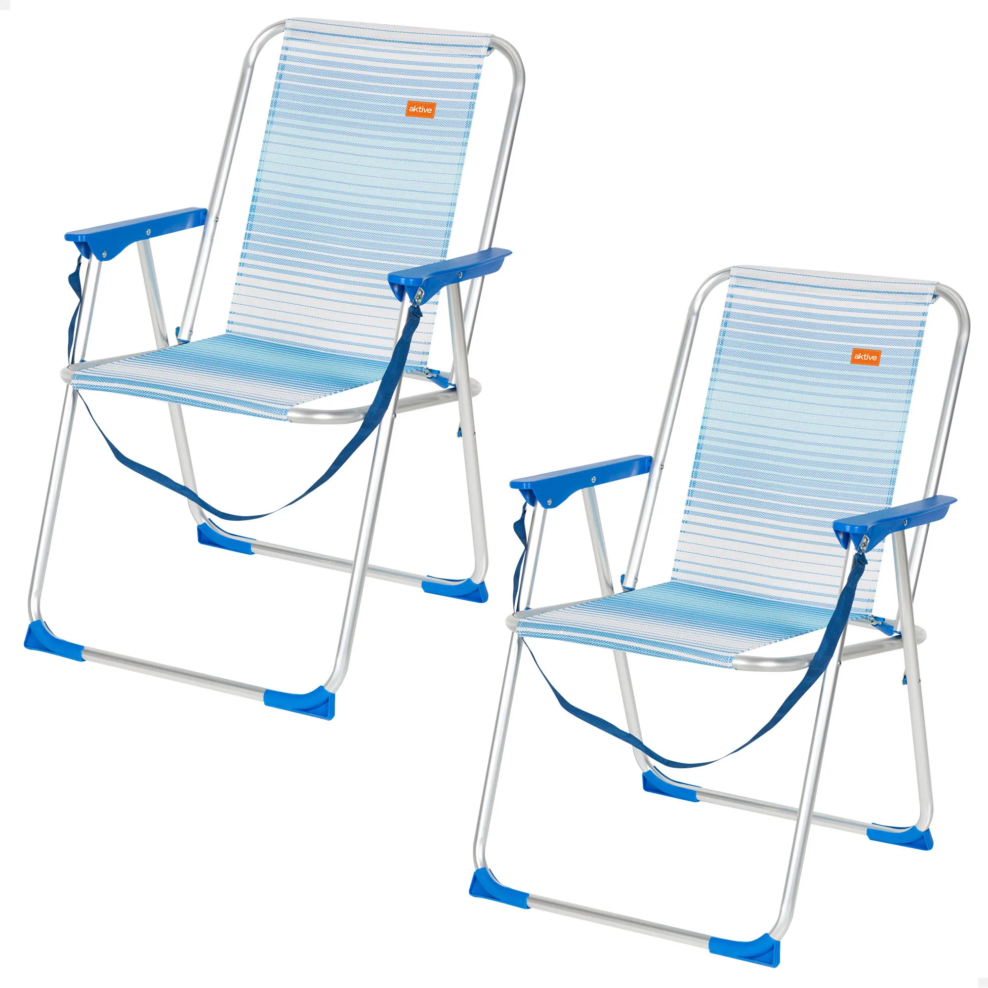 Aktive - Pack de 2 sillas de playa plegables, rayas azul y blanco, 44x45x76 cm, estructura aluminio, tejido textileno, topes antivuelco, asa de hombro transporte, soporta 110 kg, sillas para la playa
