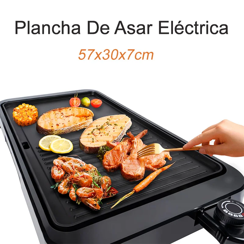 OstarkDom Plancha Eléctrica de Grill 2000W con Plato Reversible Antiadherente - Lado Liso y Estriado, Termostato Ajustable, Bandeja Recogegrasas, Ideal para Carnes, Verduras, Hamburguesas (57x30x7 cm)
