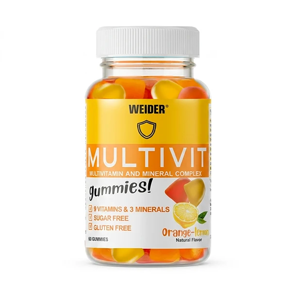 Weider Multivit Gummies - Complejo Multivitamínico y Mineral (60 gominolas) | Sin Azúcar y Sin Gluten | Sabor Naranja y Limón