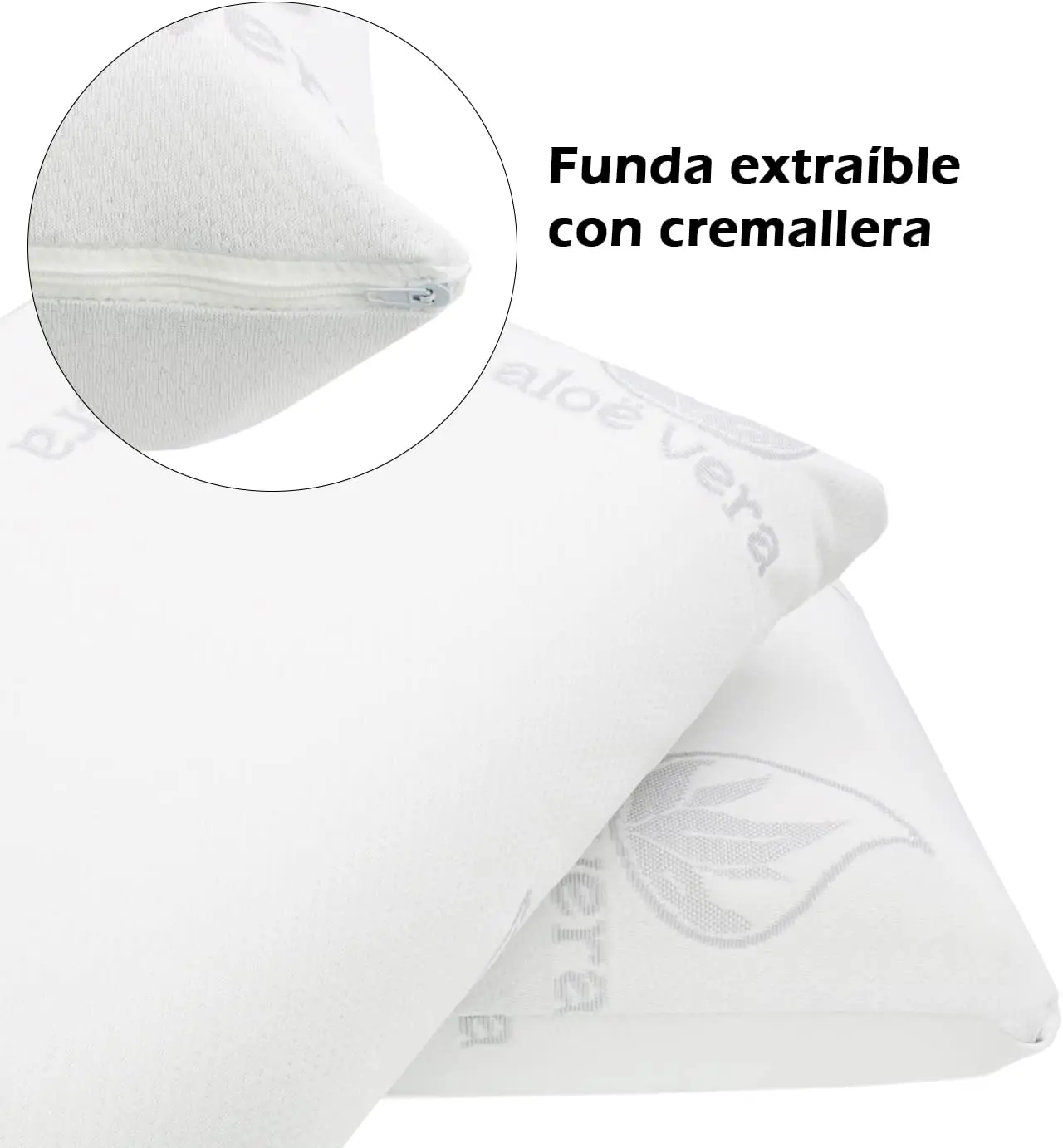 Aloe Vera pillow with viscoelastic 3D with 100% core 70cm _ 75cm _ 80cm _ 90cm _ 105cm _ 135cm _ 150cm _ medium firmness _ ergonomic _ head-adaptable and neck _ breathable _ Strech fabric. Manufactured in Spain.