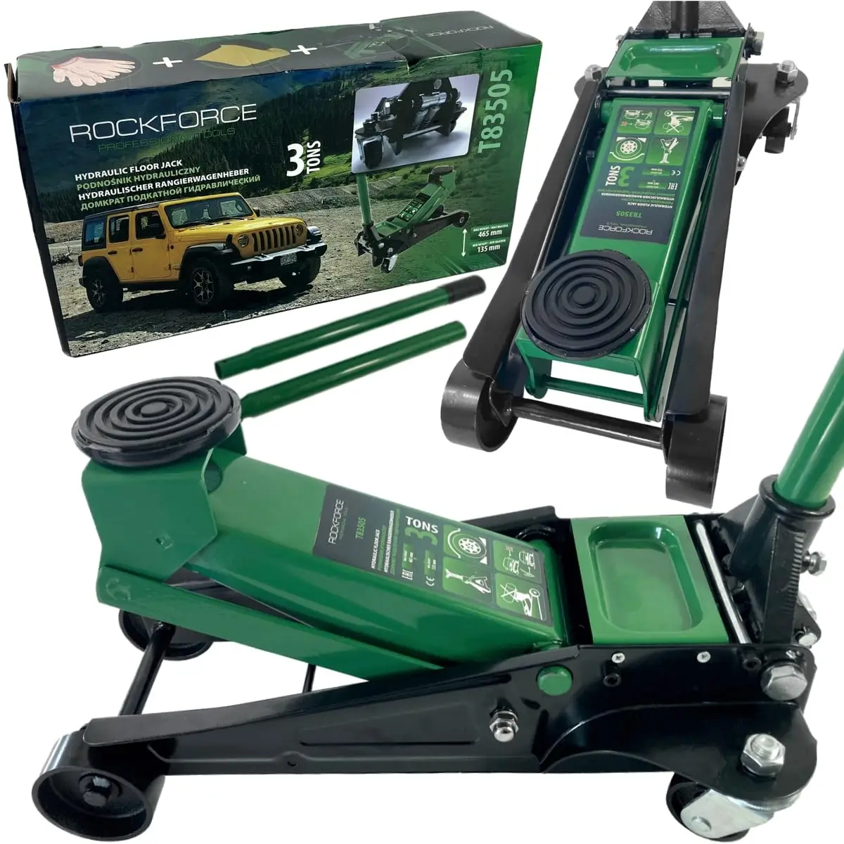 Gato hidráulico Rockforce 3T 2 pistones, rango 135-465 mm, capacidad de carga 3 toneladas, ideal para levantar vehículos pesados