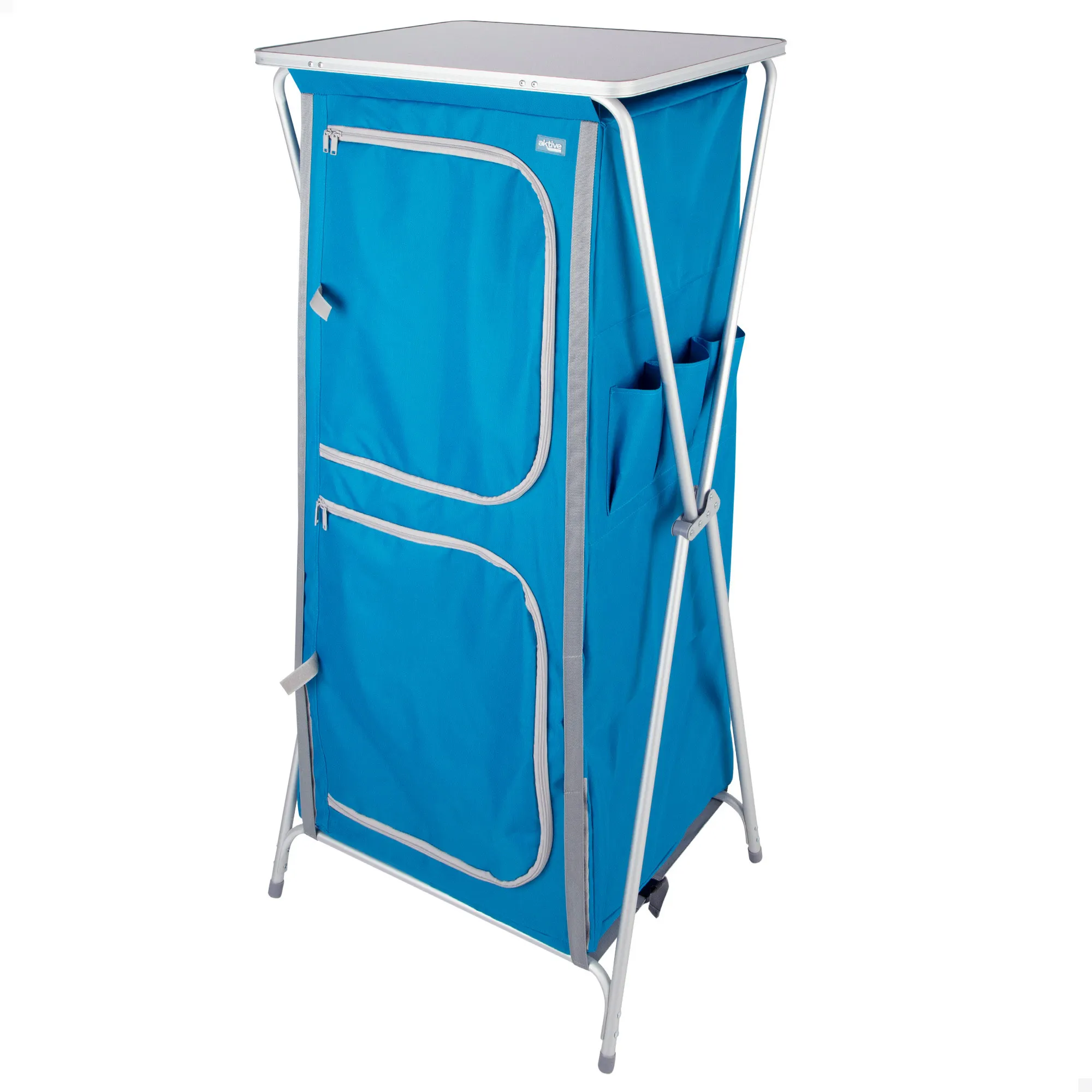 Aktive - Armario de tela plegable, 62x53x140 cm, estantería camping, armario cocina camping, 4 niveles, azul, balda superior, 2 puertas cremallera, tejido poliéster con rejilla, estructura aluminio,
