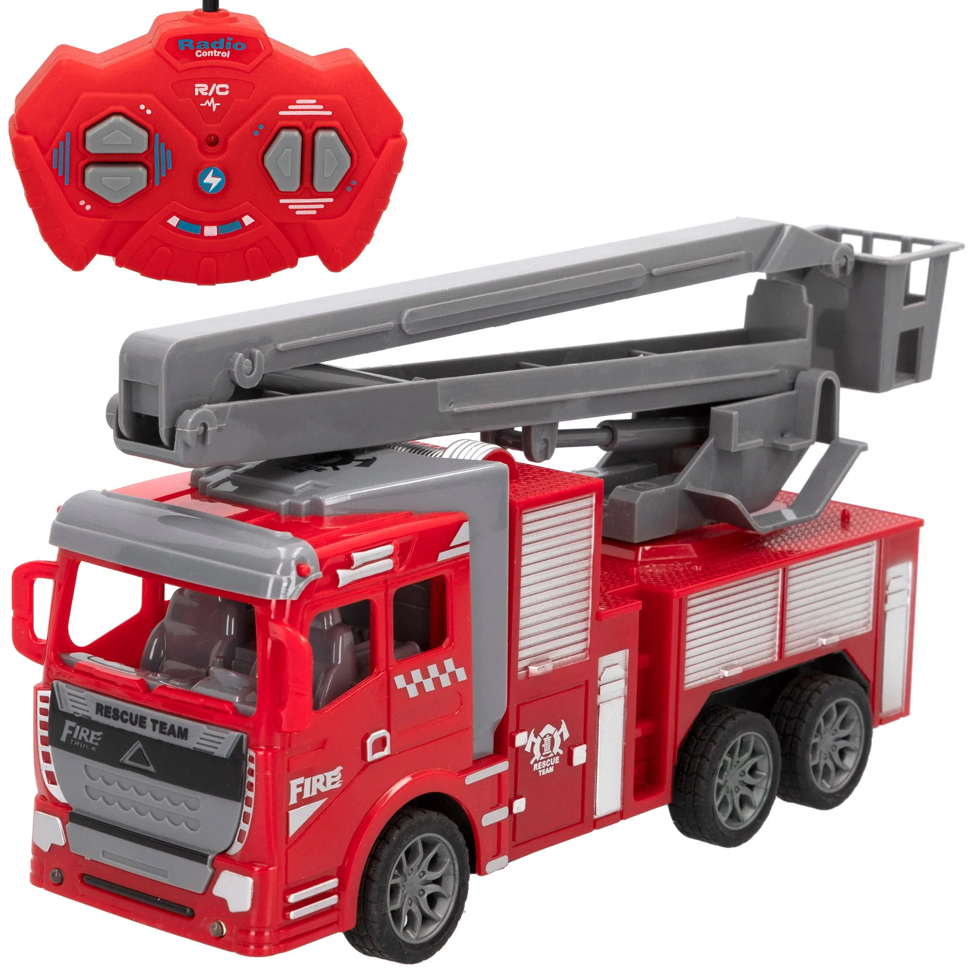 Speed & Go Camión de bomberos RC 1:30 con mando de 4 funciones, luces delanteras y escalera manual extensible, diseño detallado para recrear misiones de rescate, juguete de acción realista que