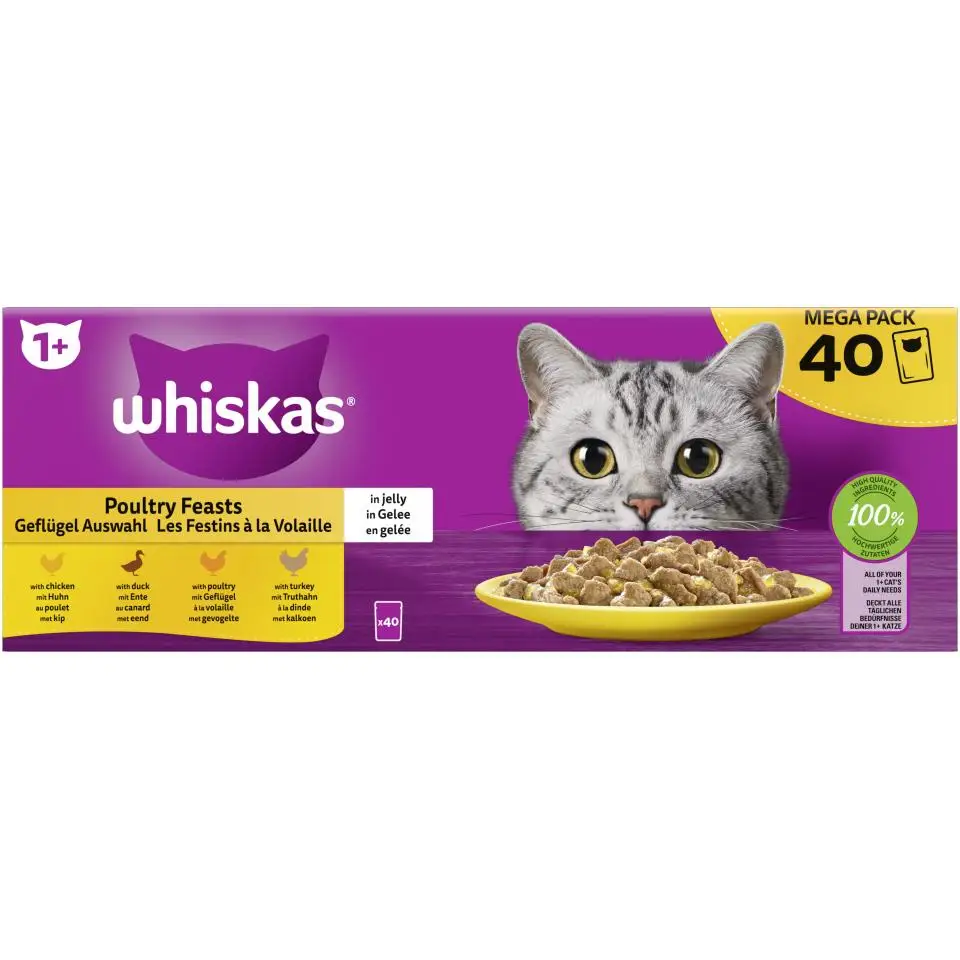 WHISKAS MEGAPACK 40U WHISKAS COMIDA HÚMEDA SELECCIÓN DE AVES DE CORRAL EN GELATINA PARA GATOS, PACK DE 40 SOBRES DE 85g