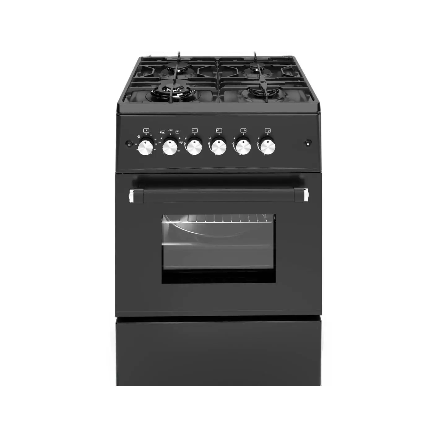 ALPHA Gas Stove VULCANO ELITE-60 in Matte Black, featuring automatic ignition, a powerful 3.4kW wok burner, cast iron grates for durability, and a fan-assisted oven for even cooking, designed for butane/propane use with natural gas conversion kit.