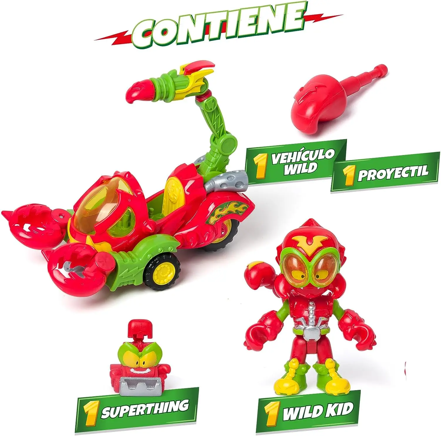 Scorpion vehicle of SuperThings. Includes 1 Wild Kid and 1 Wild SuperThing villain exclusive. With Shoot and Scorpion Clamps to Catch Heroes