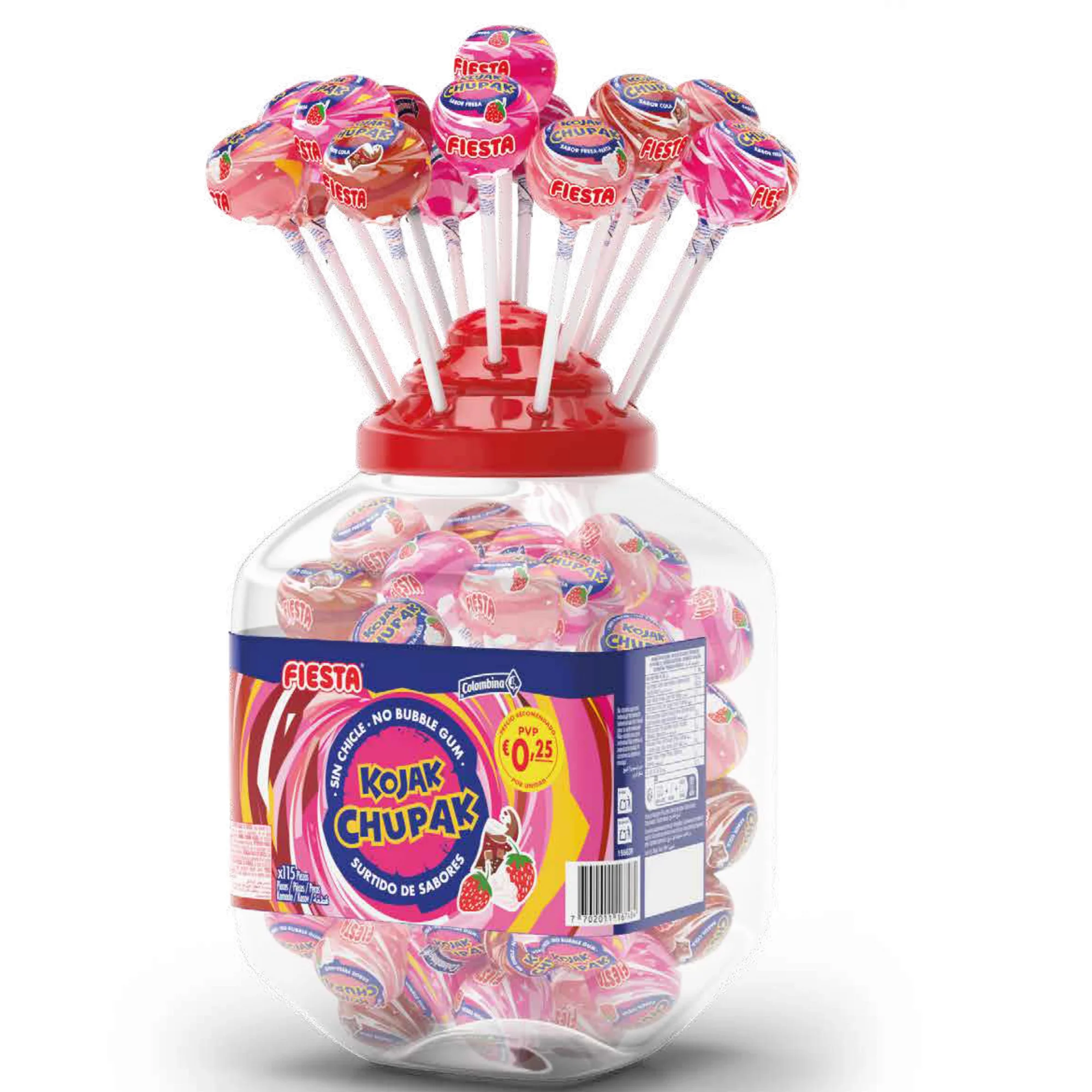 KOJAK ChupaK - Caramelos con Palo - Sabores Surtidos - SIN CHICLE - 115 ChupaChups - Fresa, Cola, Fresa y Nata - FIESTA - Chupa Chups