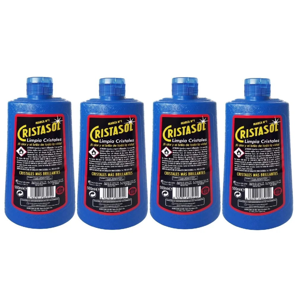 CRISTASOL Limpiacristales bote 500 ml (Pack 4 unidades) - Potente limpiador de cristales, Bote recambio tradicional, El olor y brillo de toda la vida, Elimina la suciedad y las manchas de grasa, Vidrios y espejos limpios y brillantes