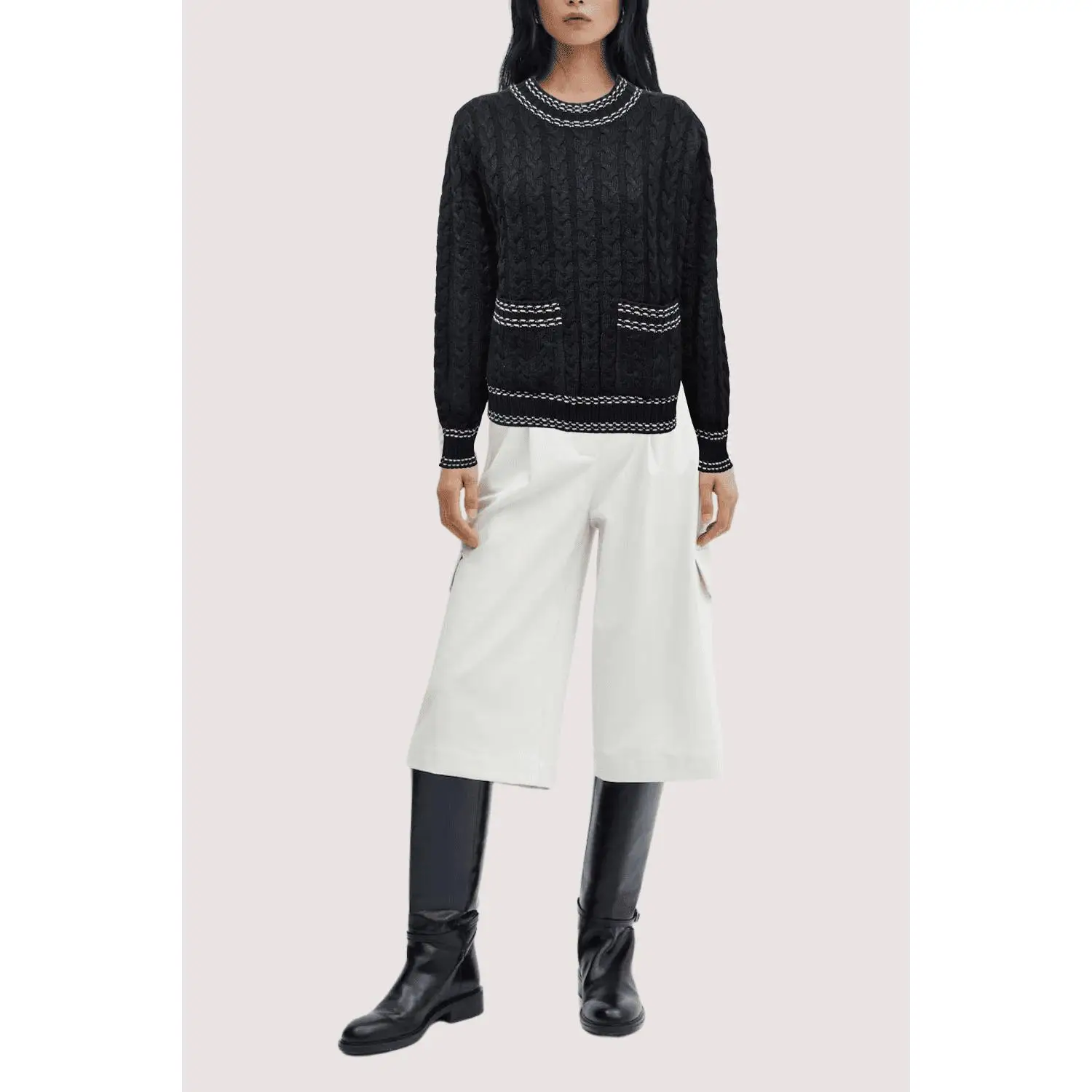 Jersey mujer punto ochos, sweater lana mixta, manga larga, bolsillos delanteros, cuello redondo, diseño recto, detalles en contraste, estilo casual, talla única, color negro ✅Entrega 24/48h
