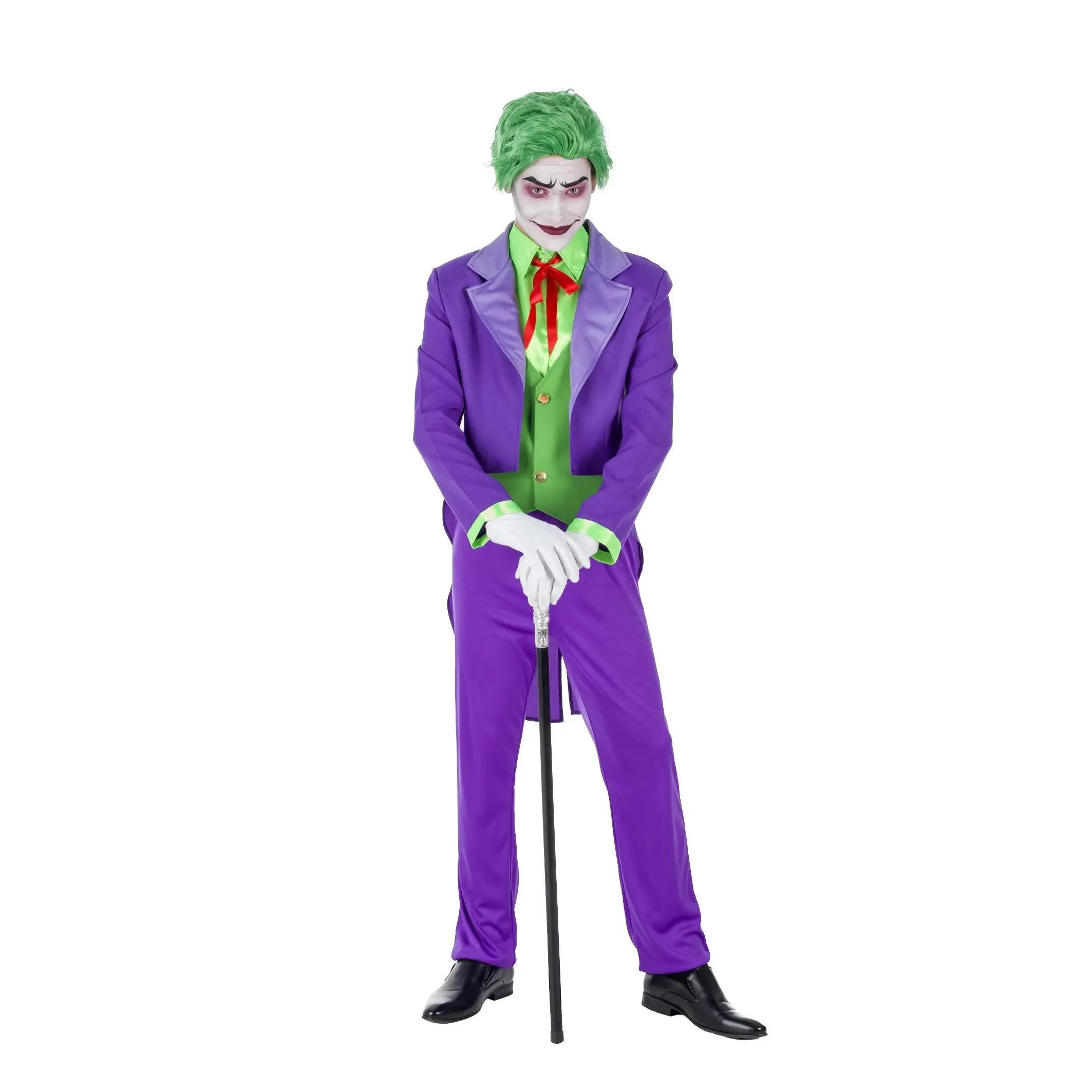 Evil buffoon adult costume. Contains morning suit, chest, bow, vest, pants.