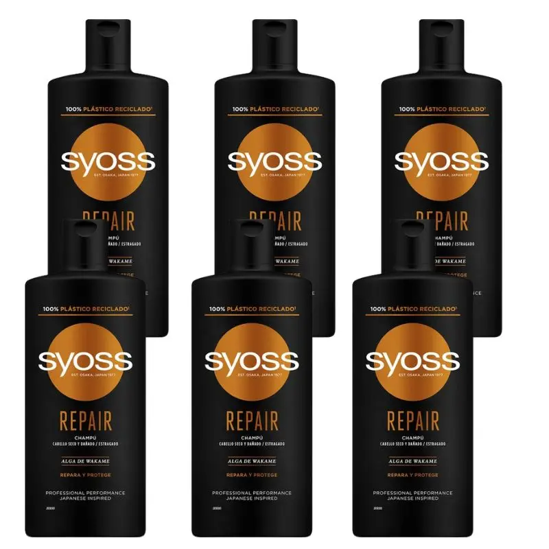 SYOSS Repair Champú con Alga Wakame 440 ml – Pack de 6 | Nutrición Intensa para Cabello Seco y Dañado | Reparación Profesional y Brillo Saludable