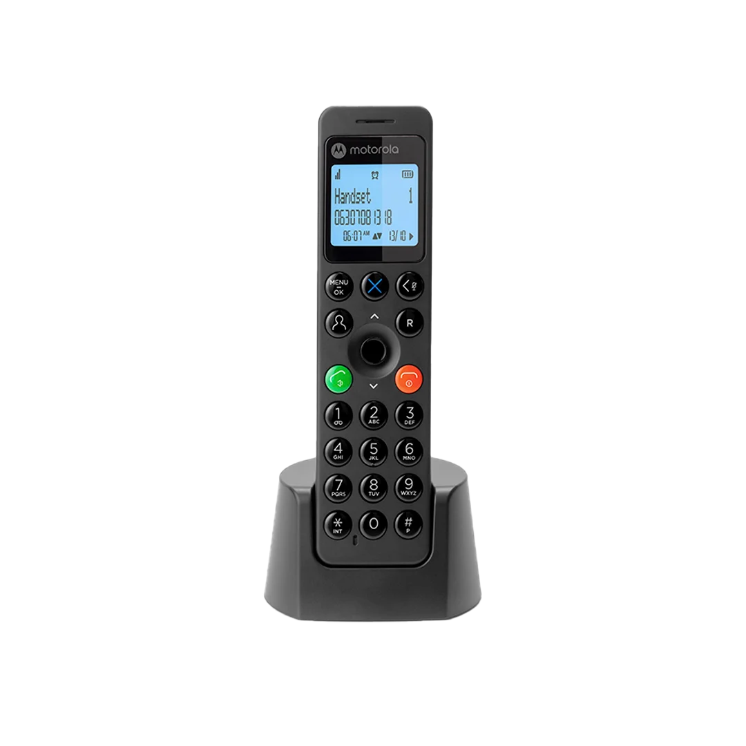 Motorola Voice - DOT201 Teléfono Fijo Inalámbrico con Altavoz Manos Libres, Bloqueo de Llamadas, 100 Contactos con Nombre y Directorio Telefónico, Color Negro