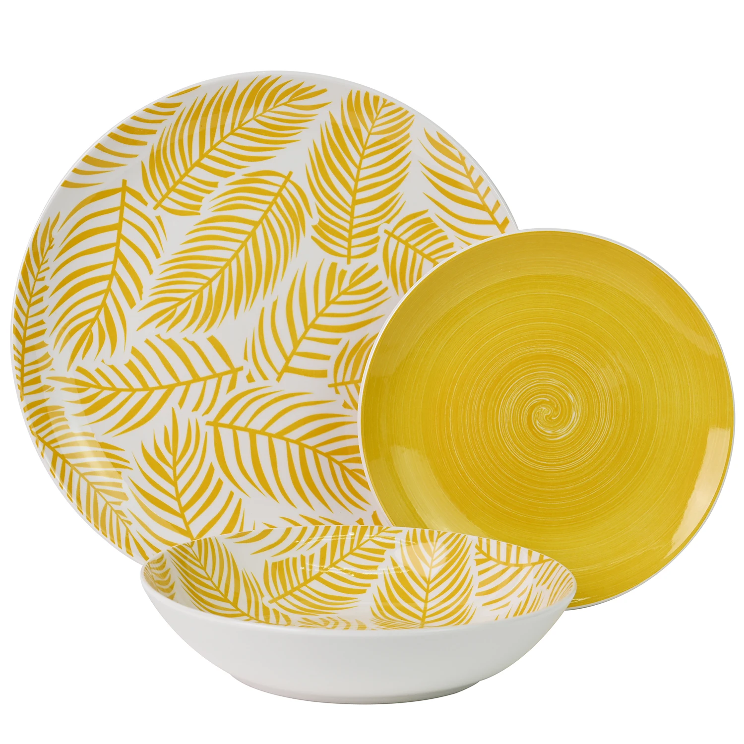 Vajilla 18 pzs porcelana amarillo hojas, plato llano: diametro 27cm postre: 19cm, hondo: 20x4cm