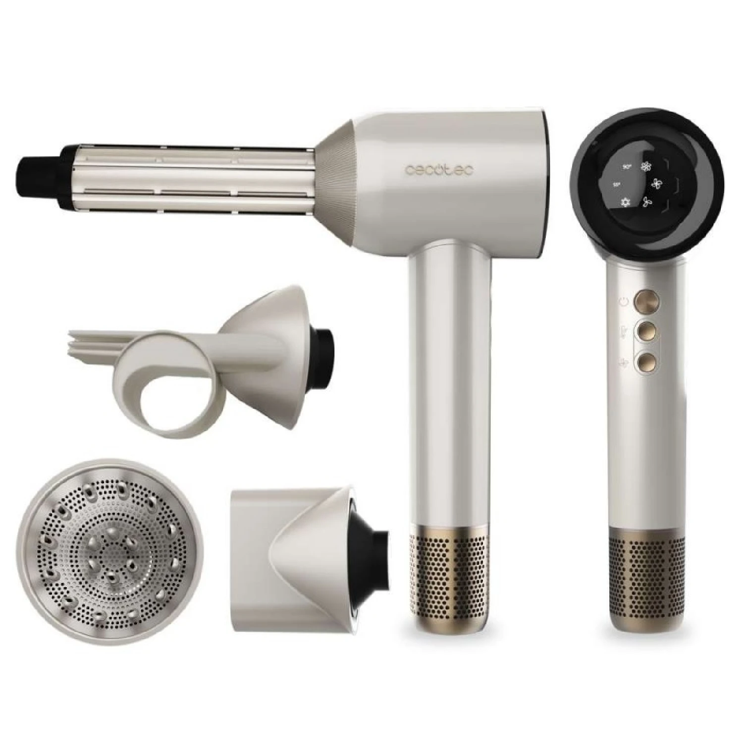 Cecotec Secador de Pelo Motor Brushless y Tecnología de Plasma DryGlam Waves Champagne. 1600W, 110000RPM, 4en1 Cabezales