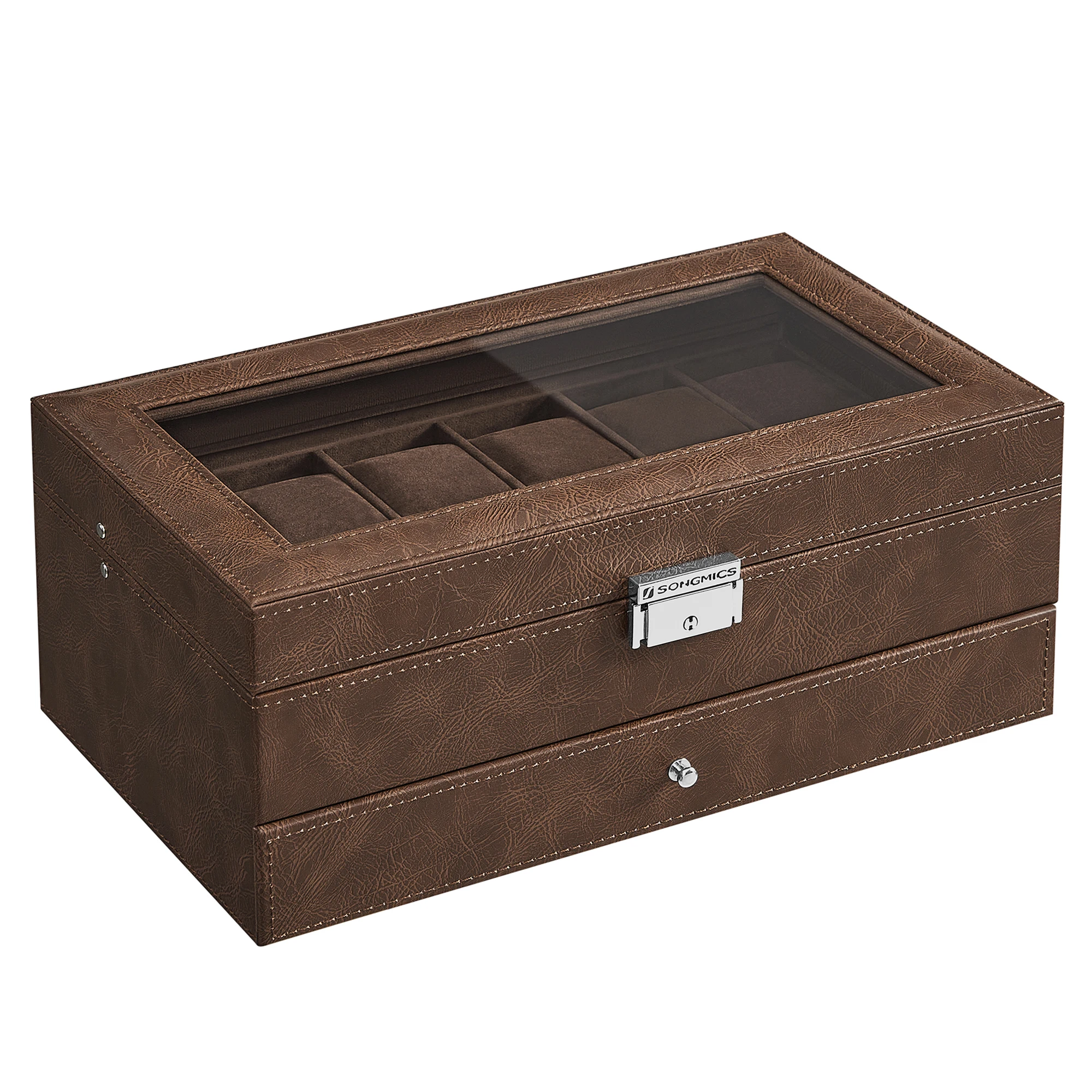 SONGMICS Caja de Reloj, Estuche de Reloj con Tapa de Cristal de 2 Niveles para 12 Relojes, Cerradura, 1 Cajón, para Anillos Pulseras, Cuero Sintético Marrón, Forro Marrón/ Negro y Beige/Negro y