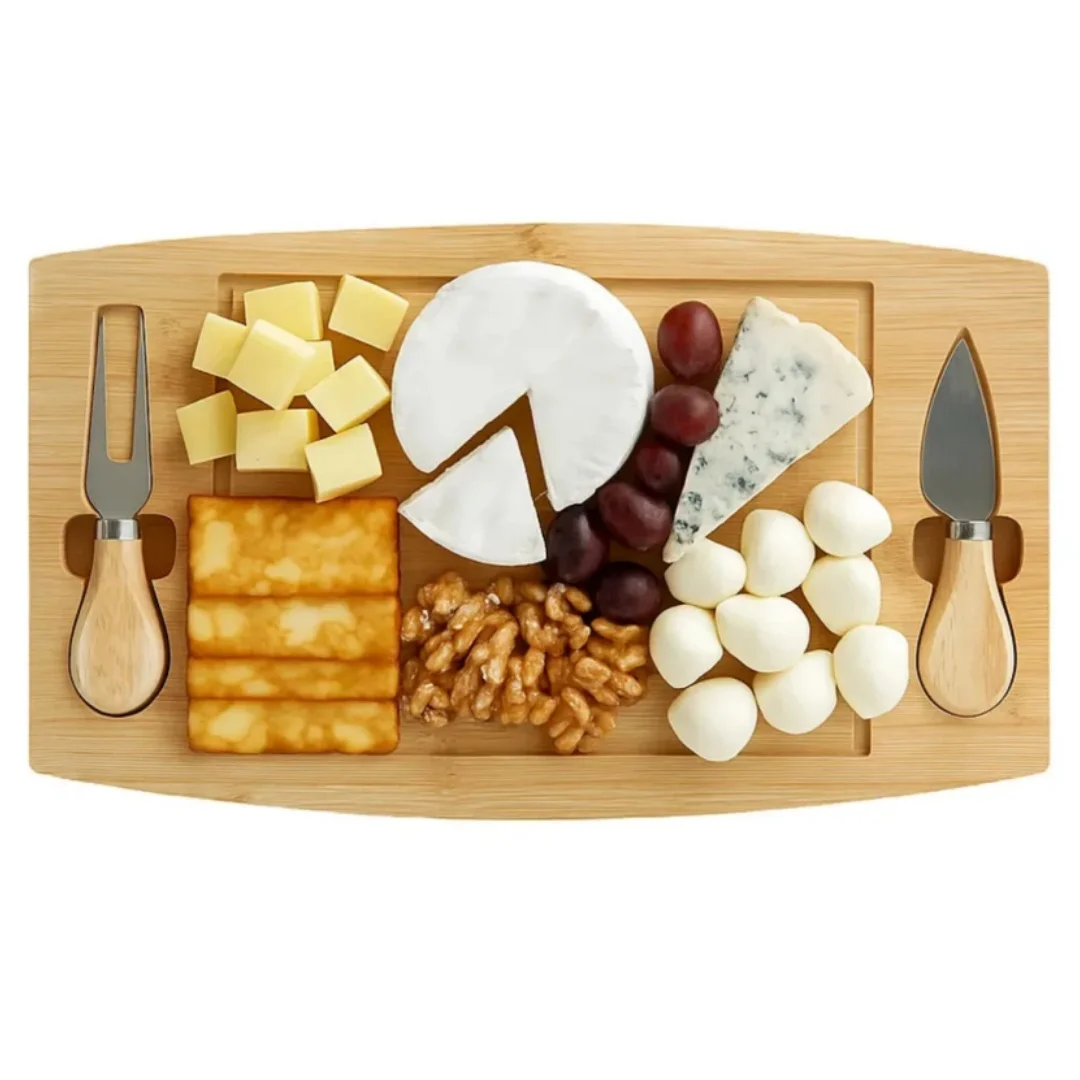 X-Tabla de Quesos de Bambú con Cuchillo y Tenedor, Tabla para Servir Quesos y Embutidos, Bandeja de Aperitivos Elegante y Resistente, Ideal para Cocina, Charcutería, Reuniones