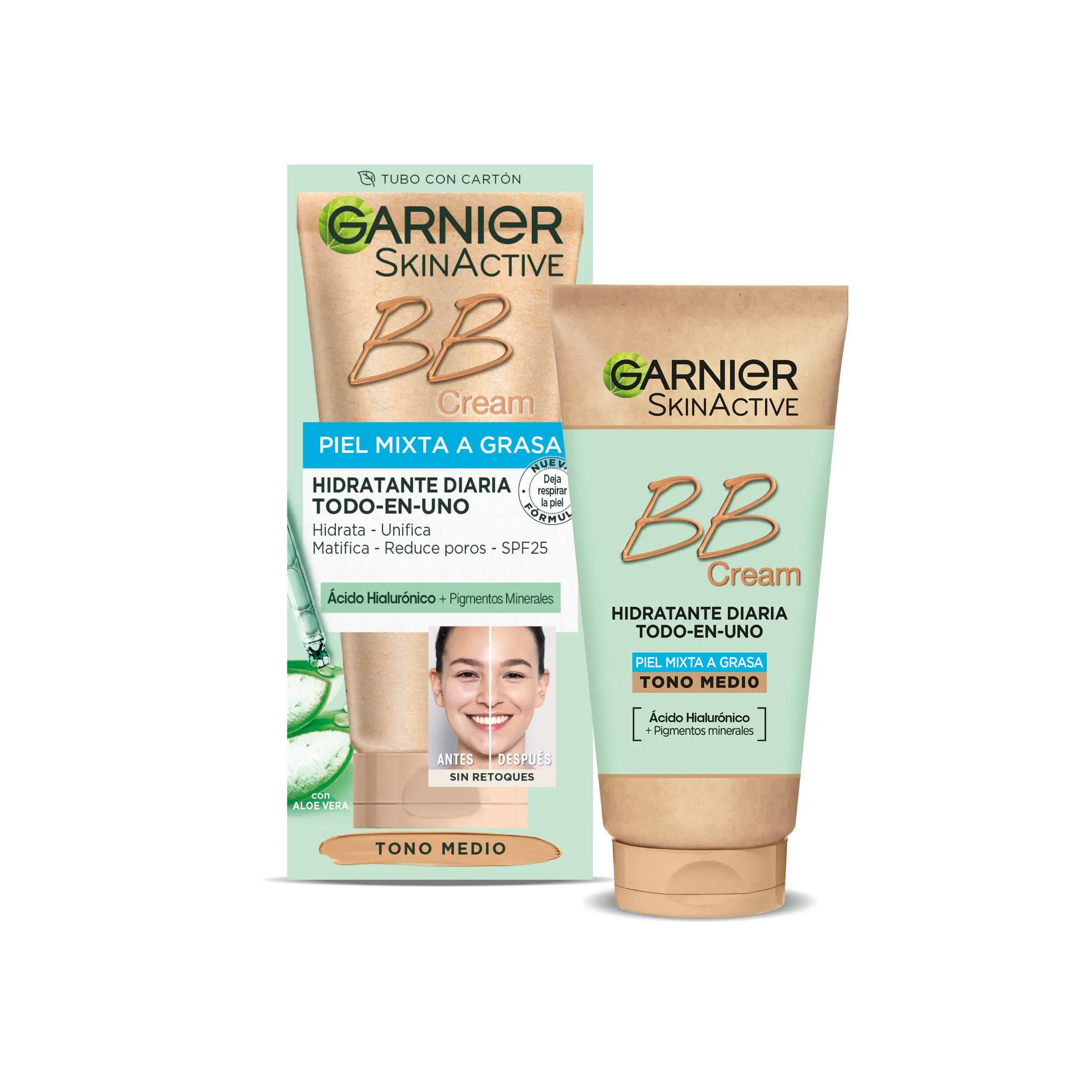 Garnier SkinActive BB Cream Matificante para Pieles Mixtas a Grasas Tono Medio. Hidratante Todo en Uno con Color con SPF 25 Ácido Hialuronico,Extracto de Aloe Vera y Pigmentos Minerales,Hidrata, Unifica, Corrige e Ilumina piel- 50ML