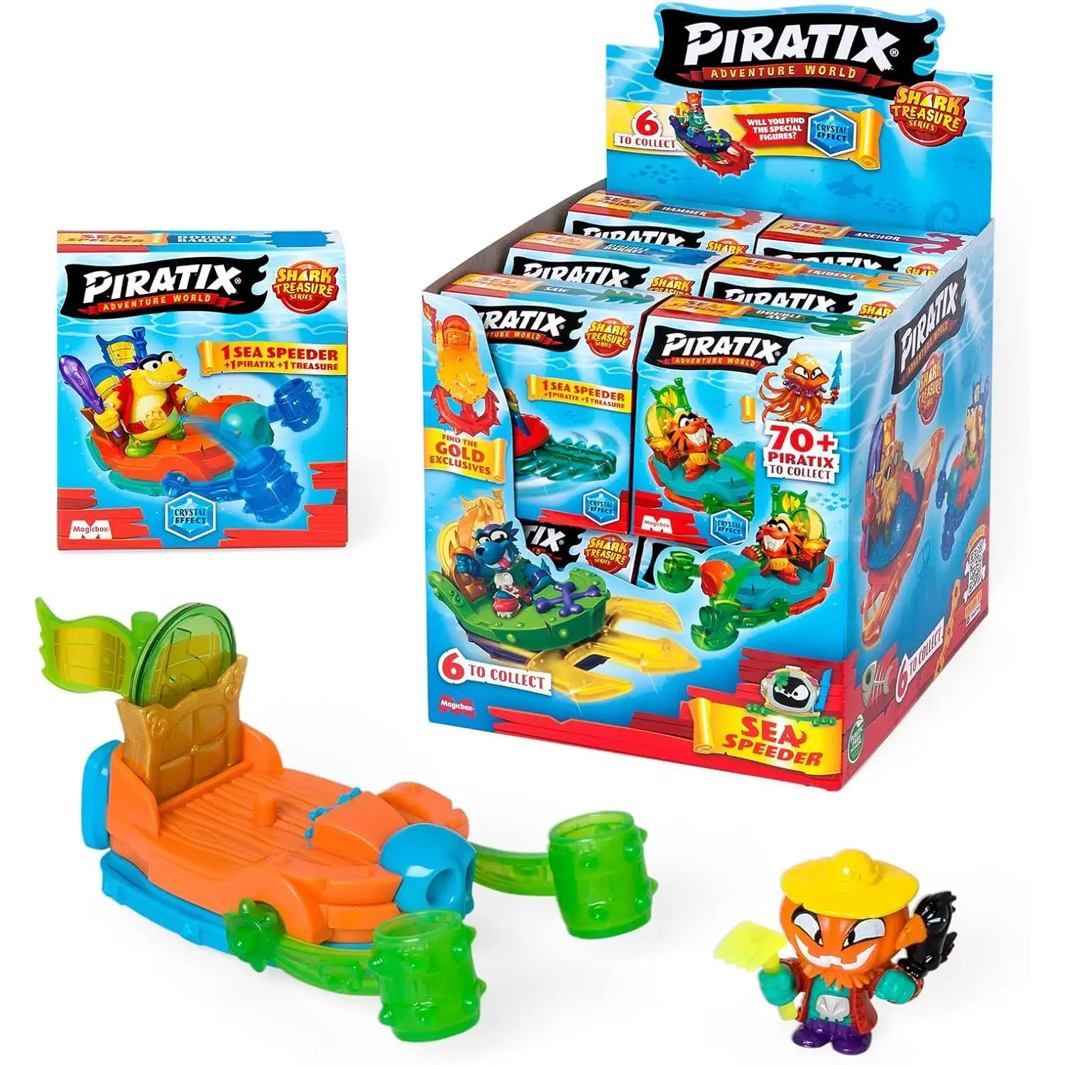 PIRATIX ADVENTURE WORLD Serie Shark Treasure, Display con 6 O 12 Sea Speeder, Barco monoplaza de Piratix, Contiene Barco Sea Speeder, Piratix , Accesorio Cristal, Tesoro Efecto Cristal MAGIC BOX