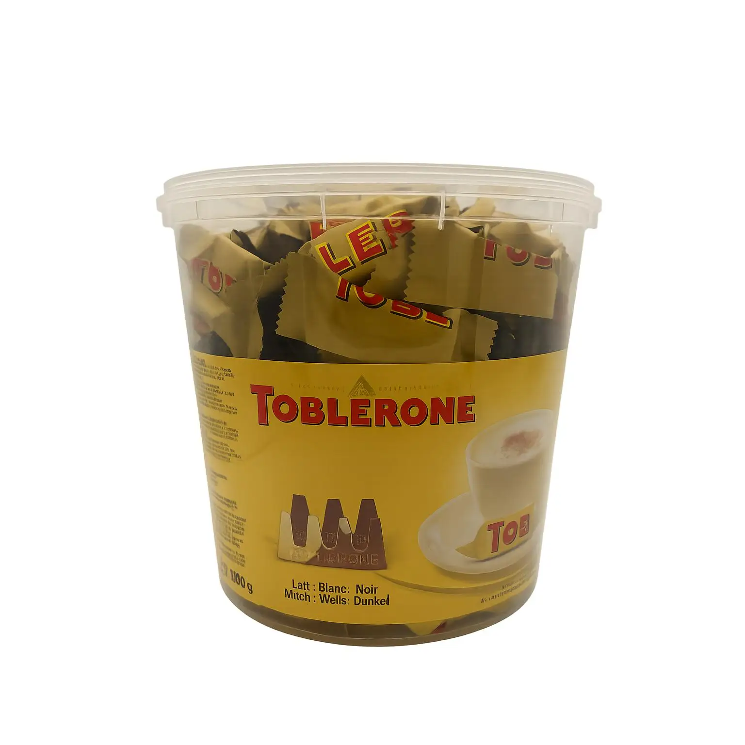 TOBLERONE MINI SURTIDO CHOCO LECHE, BLANCO Y NEGRO TARRO 904 g. (contiene 113 piezas)