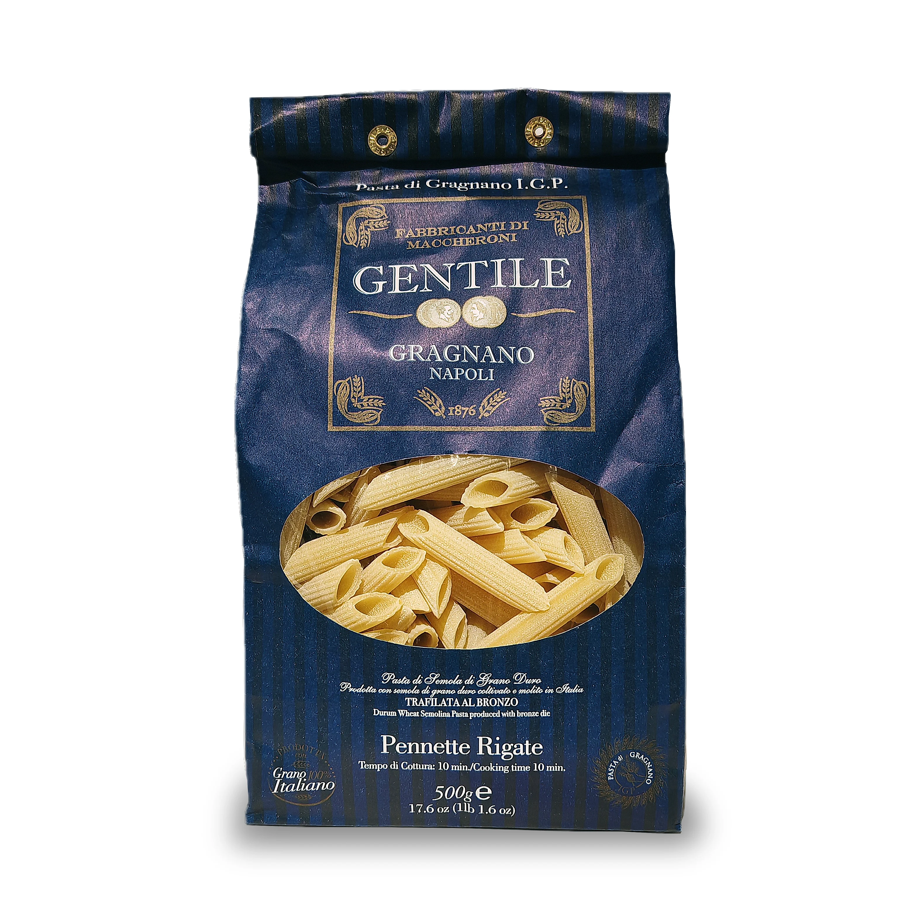 Pennette rigate. Gentile italian semolina paste (pack of 2 units of 500g)