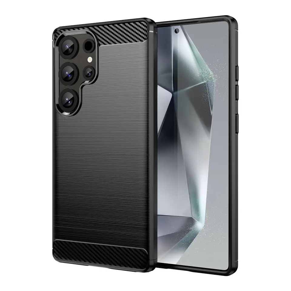 Funda de silicona para Samsung Galaxy S25 Ultra, alta protección e inserciones de imitación de fibra de carbono negra