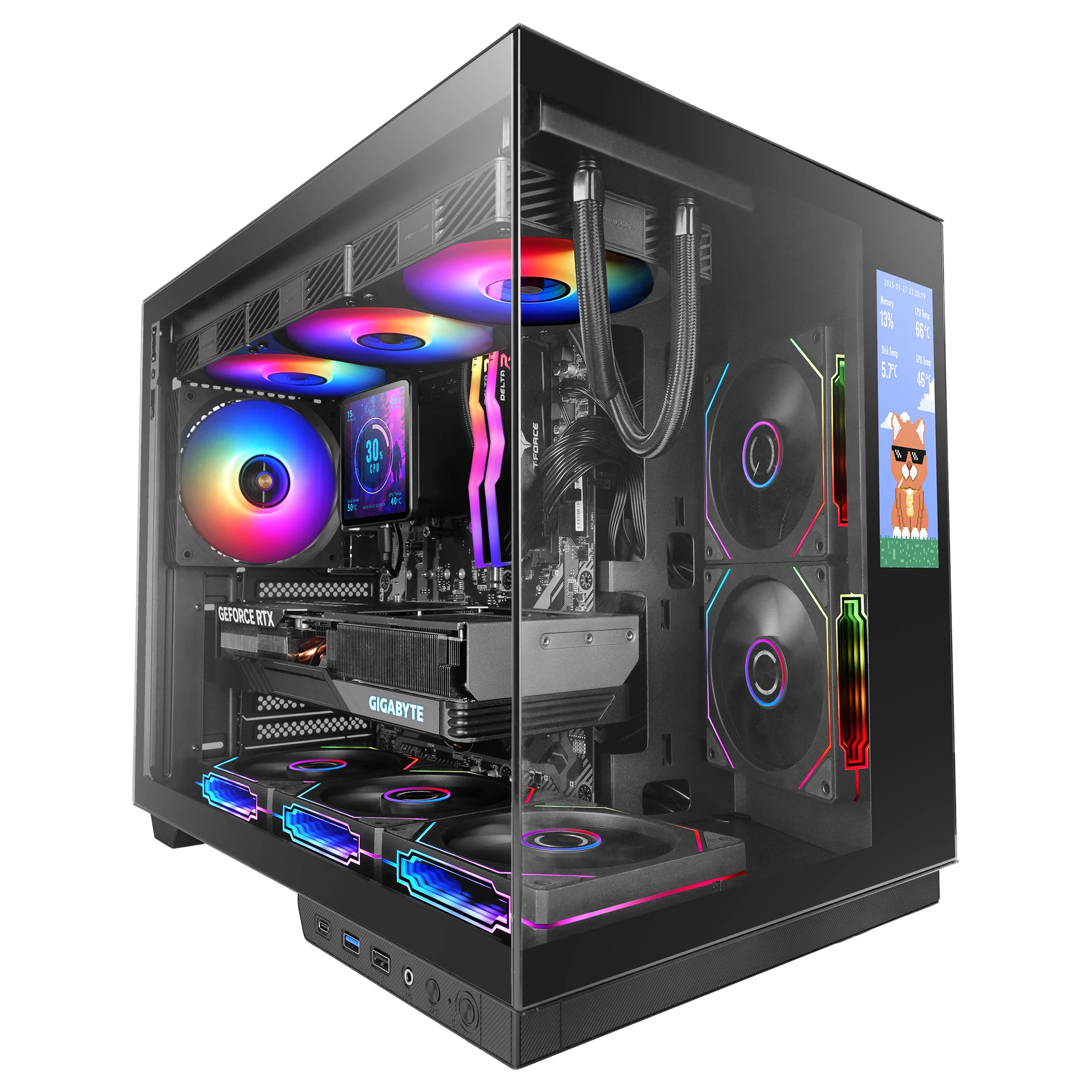 Mars Gaming MC-MIRAGE, Caja Gaming ATX, Pantalla LCD IPS 7,2” Personalizable, Vidrio Templado Frontal y Lateral Continuo, Estructura de Doble Cámara, Soporte para Refrigeración Líquida hasta 360mm,