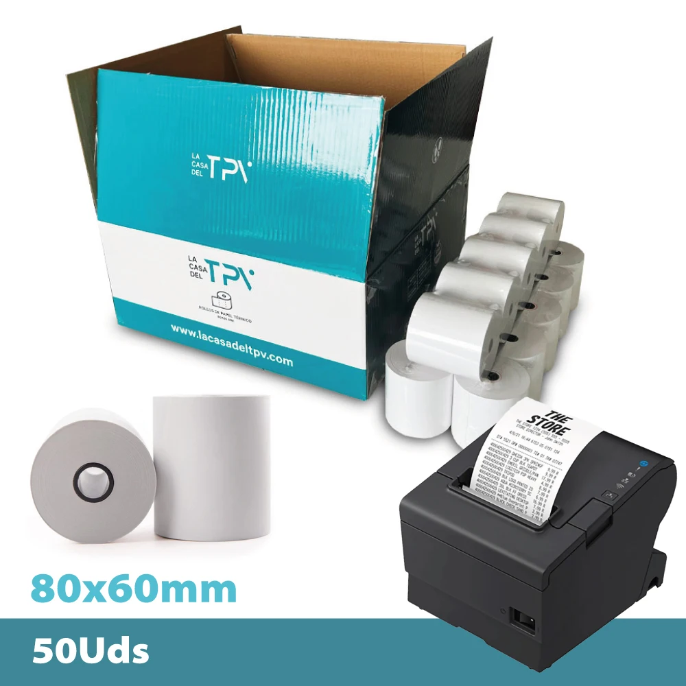 Papel Térmico 80x60 mm - 50 Rollos Papel Impresora Térmica y TPV - Papel para Tickets - Compatible Impresora, Caja Registradora y Básculas - Sin Bisfenol A - 60 Gr - 45 Metros/Rollo - La Casa del TPV