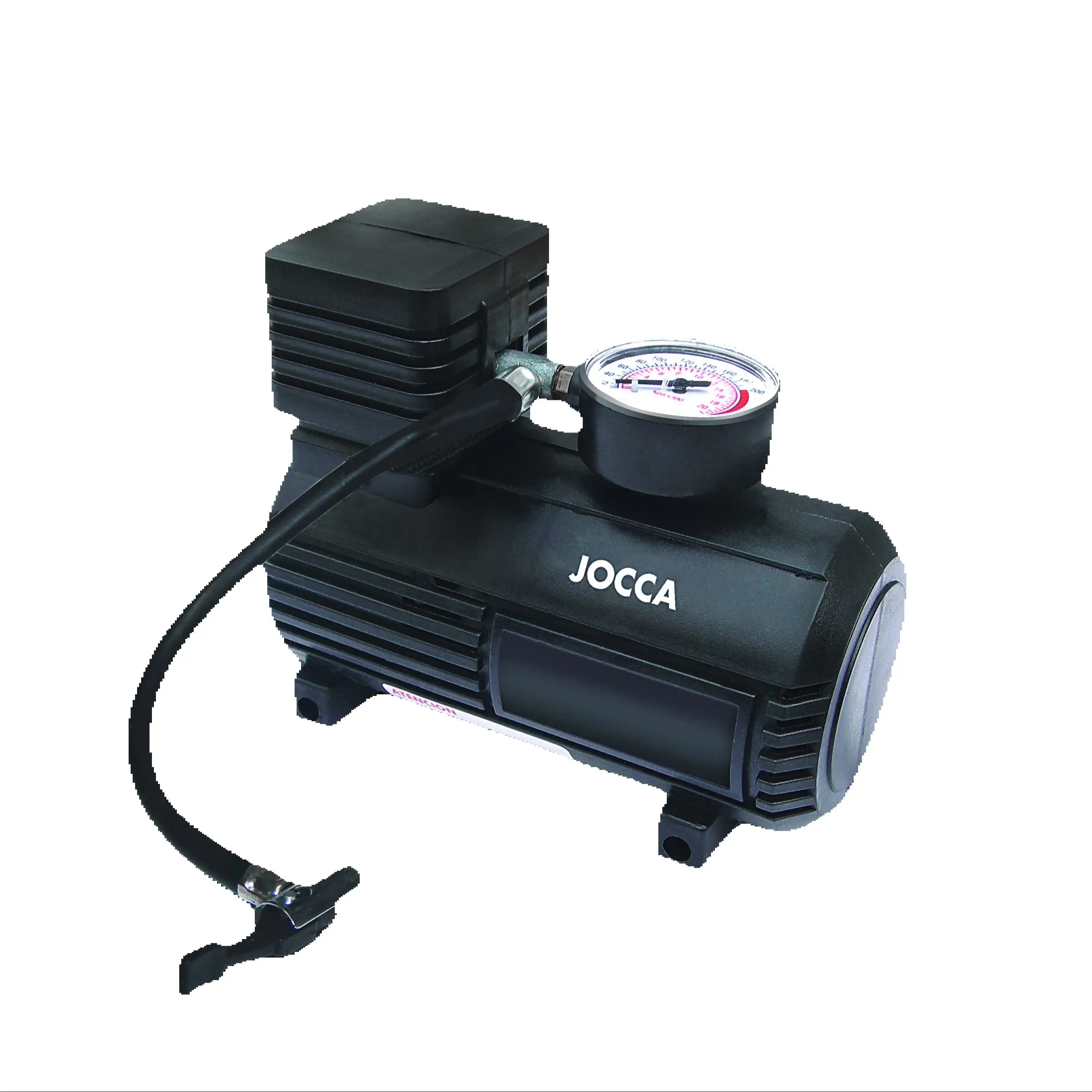 Compresor de aire portátil Jocca 300PSI 12VDC. Hinchador compacto para coche, bicicleta, balones y más con manguera de goma y adaptadores, manómetro de presión, cable de 3m, conector para mechero.