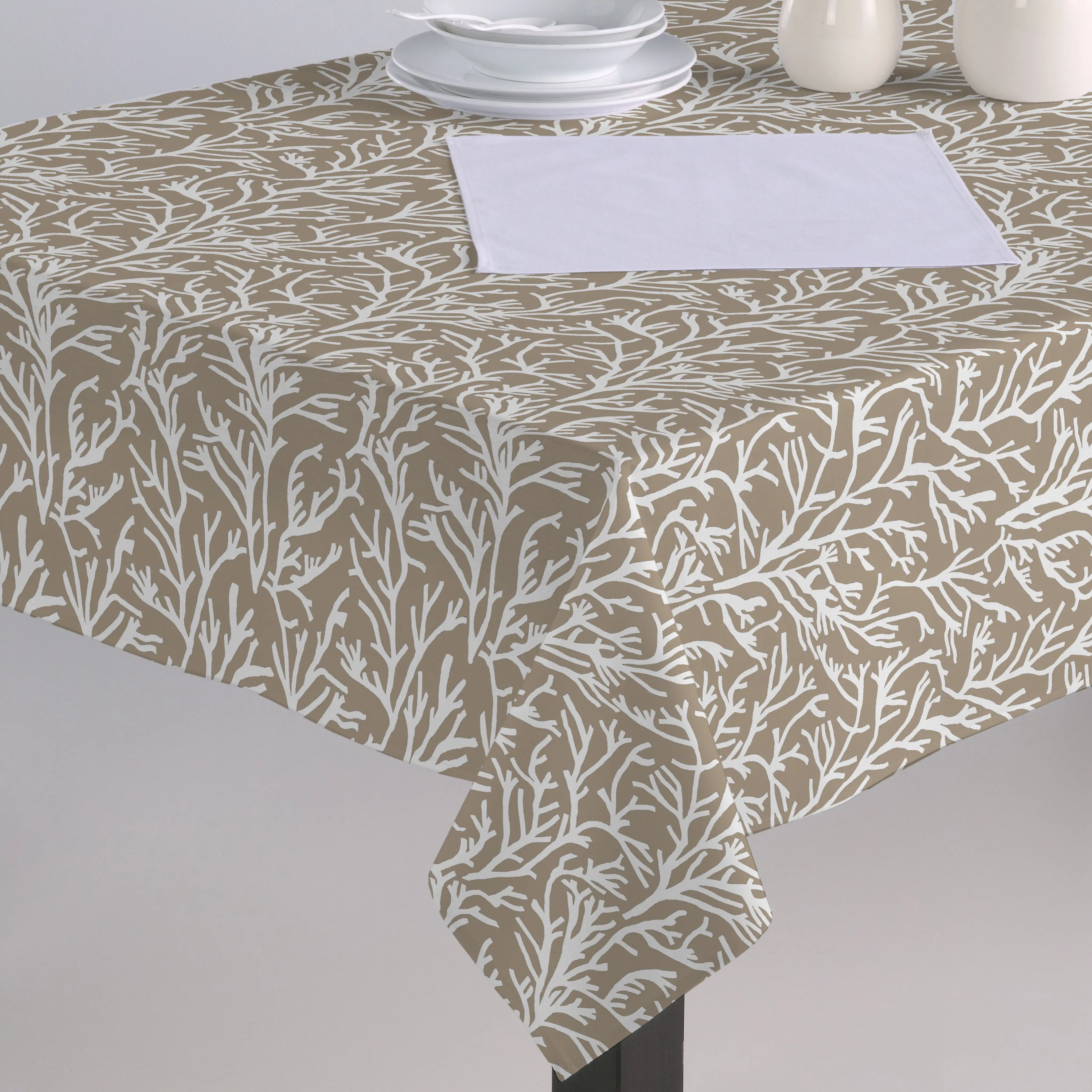 Mantel Antimanchas Hulehule Tex - Tela Resinada Estampado De Ramas De Coral Disponible En Tonos Beige Negro o Gris - BERLIN