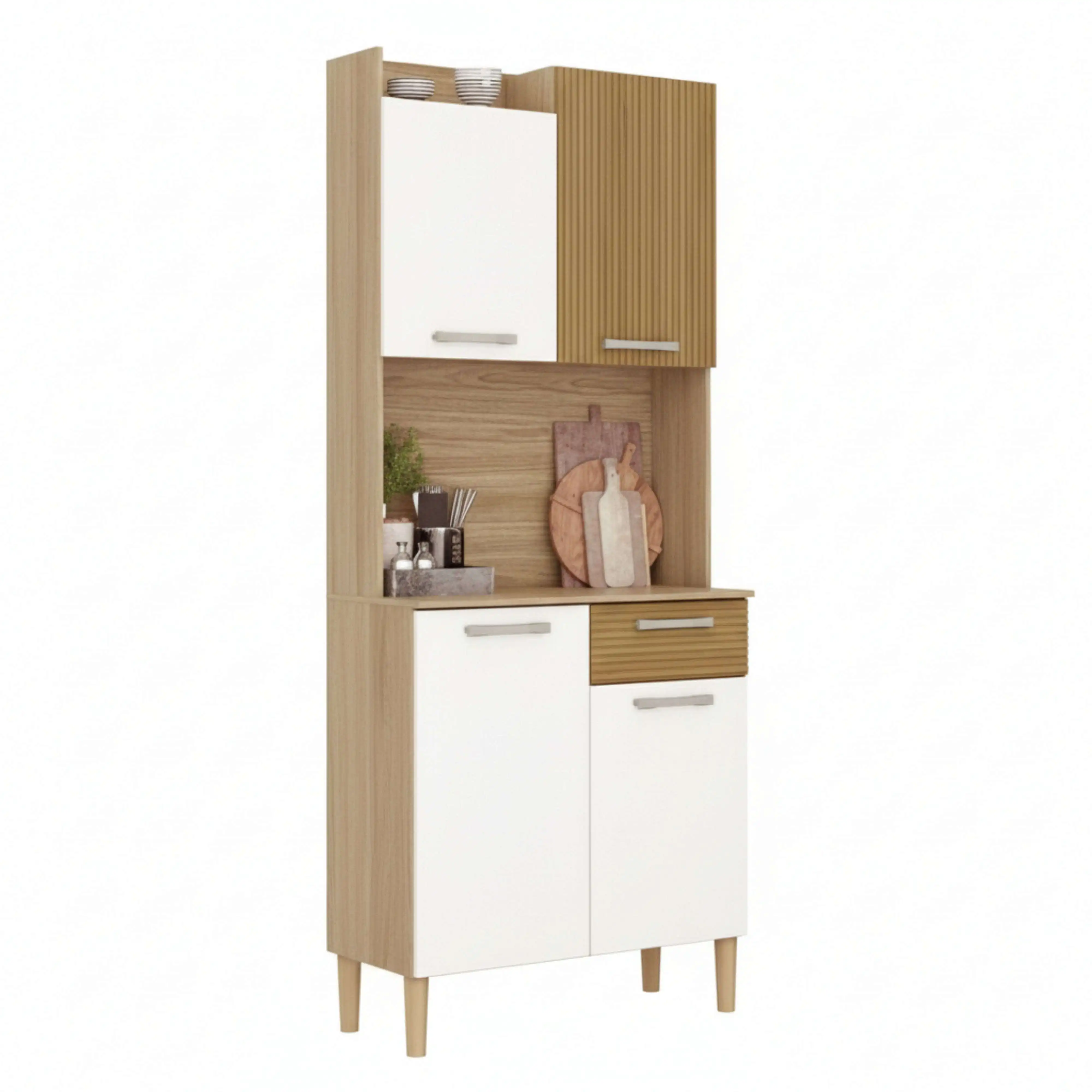 Miroytengo Aparador de Cocina, Mueble Almacenamiento Cocina Gabi 4 puertas 1 cajón espacio Microondas Melamina Blanco mate y Roble 74x175x36 cm
