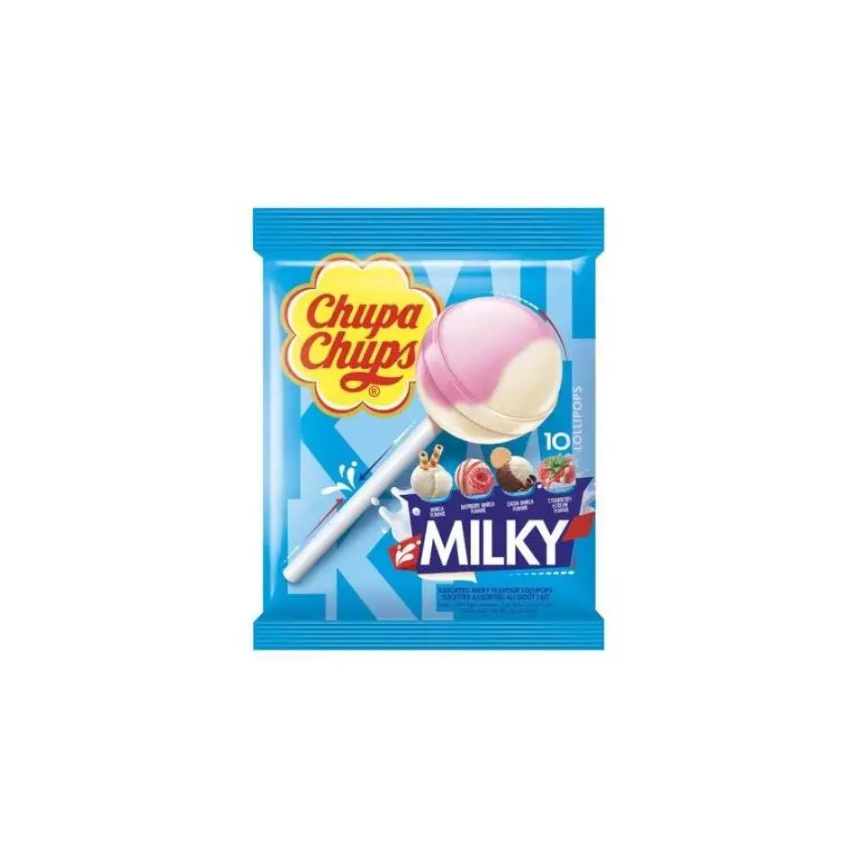 ChupaChups Milky caja con 12 bolsas - Chupa Chups en su gama de sabores lácteos: vainilla, frambuesa-vainilla, cacao-vainilla y fresa-nata, con colorantes naturales y envueltos individualmente. Se sirven en paquetes de 10 Chupa Chups cada uno - 120 UDS