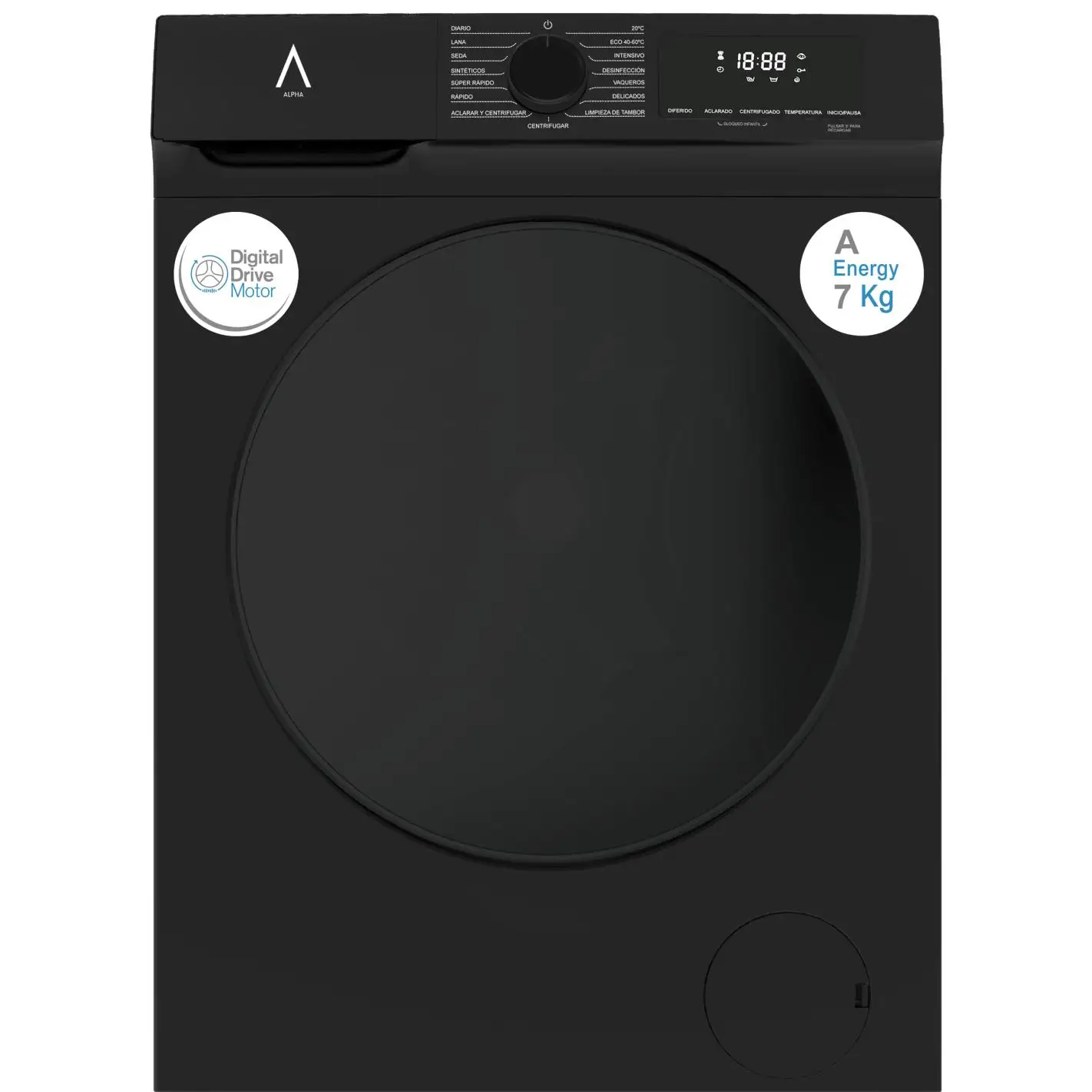 ALPHA Lavadora TITAN Elite-7, Eficiencia A, Negro Brillo, Digital Smart Inverter, 1.200rpm, 7kg, *Alta Gama*