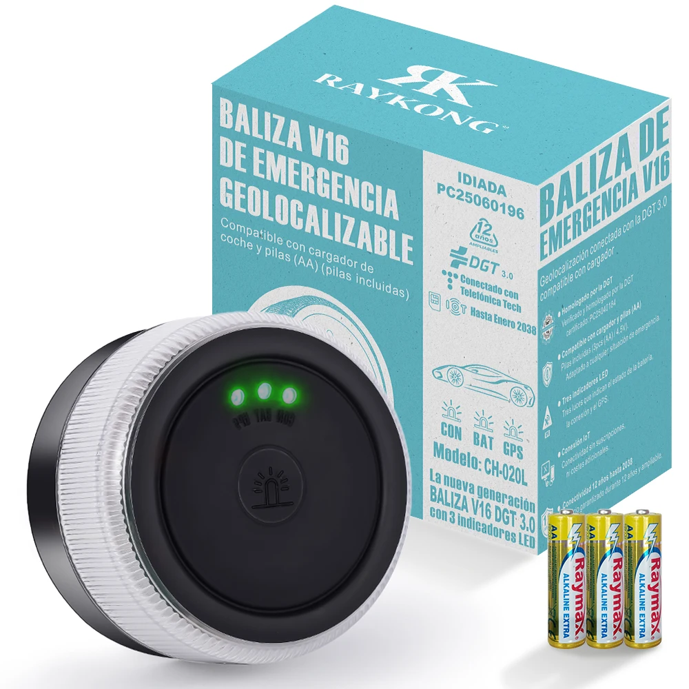 Baliza V16 Geolocalización DGT 3.0  | con 3 Indicadores Led Conexíon | Bateria | GPS Homologada por DGT  [SIM y Datos Pagados hasta 2038]