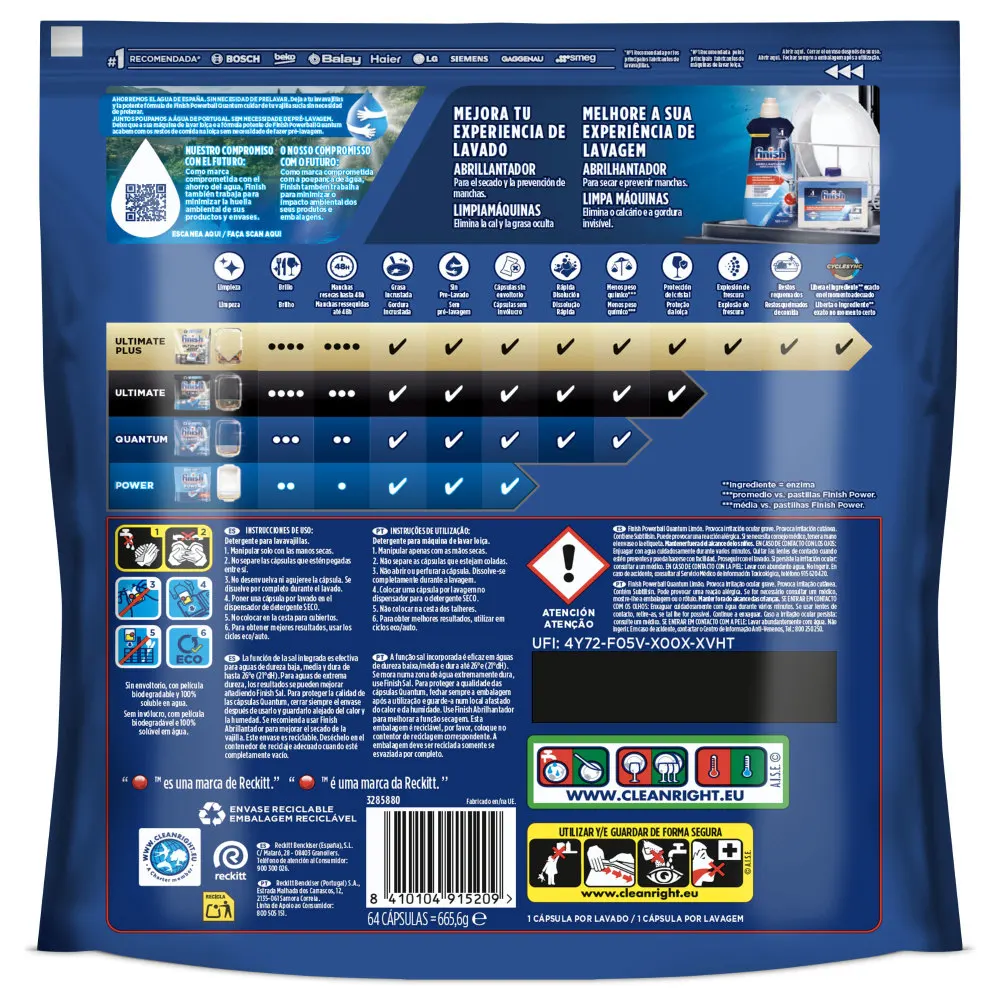 Finish Powerball Quantum 128 Pads for Dishwasher, Powerful Cleaning and Glitter, Lemon Aroma, 2x64 Format