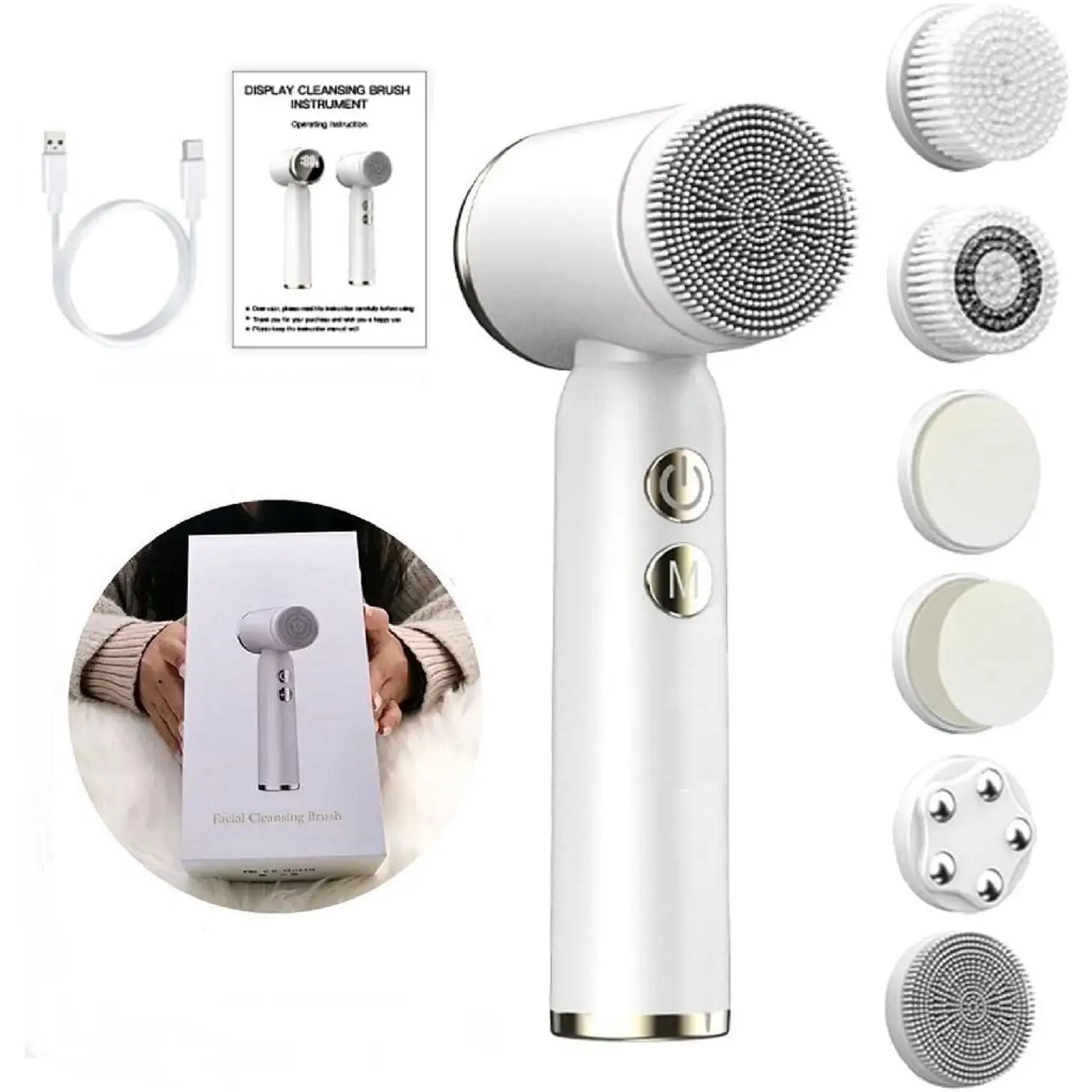Cepillo Limpiador Facial 6 en 1 con 3 Velocidades Ajustables y Cabezales Intercambiables para Todo Tipo de Piel