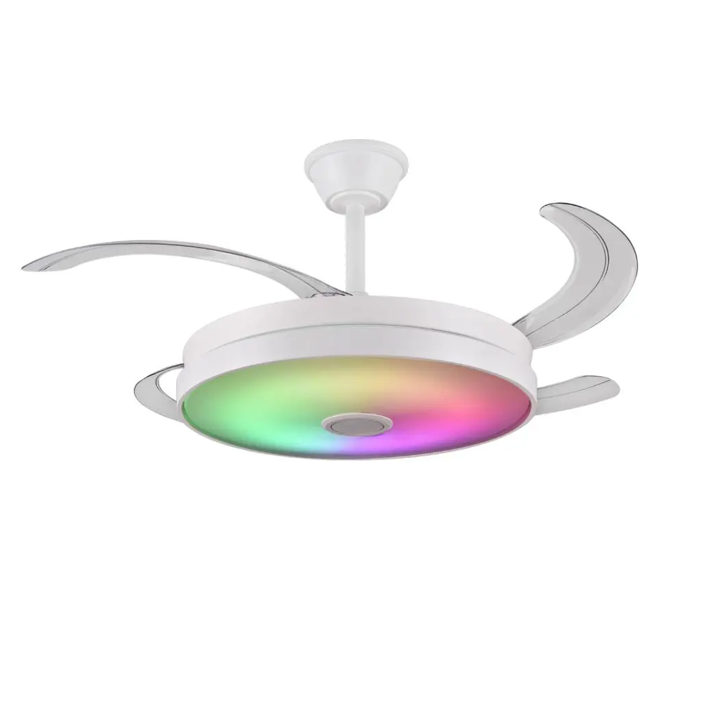 Ventilador de techo con aspas retráctiles, luz led RGB de 72W y altavoz Althea L. Tamaño Ø108cm, modo invierno/verano, con mando y APP móvil en color 