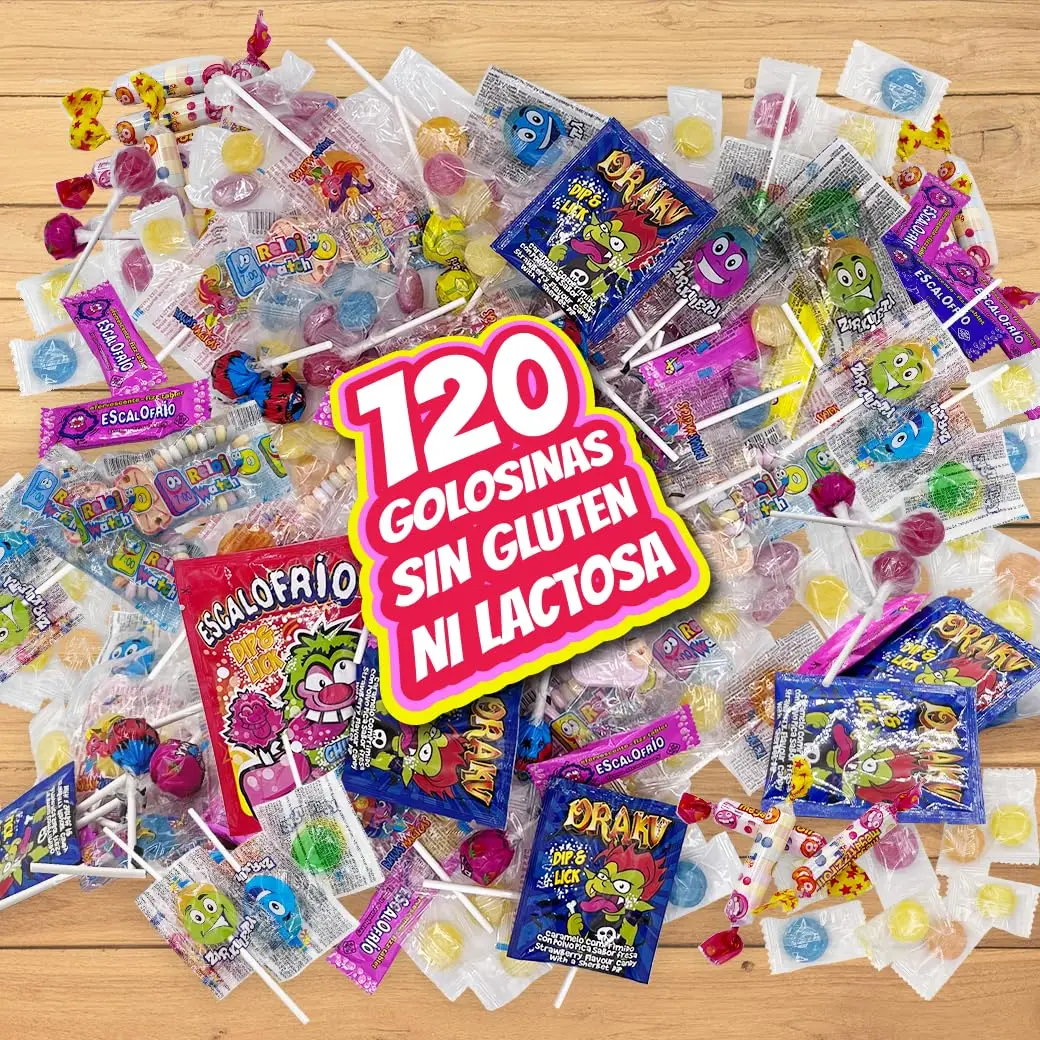 Mega Pack 120 birthday sweets. Piñata stuffed sweets. Gluten and lactose-free sweets. Gummers. Treats. Pack sweets. Piñata sweets. Children's birthday Piñatas stuffed sweets. Lollipops. Chills. Draculas. Bracelets. MANLOZ birthday