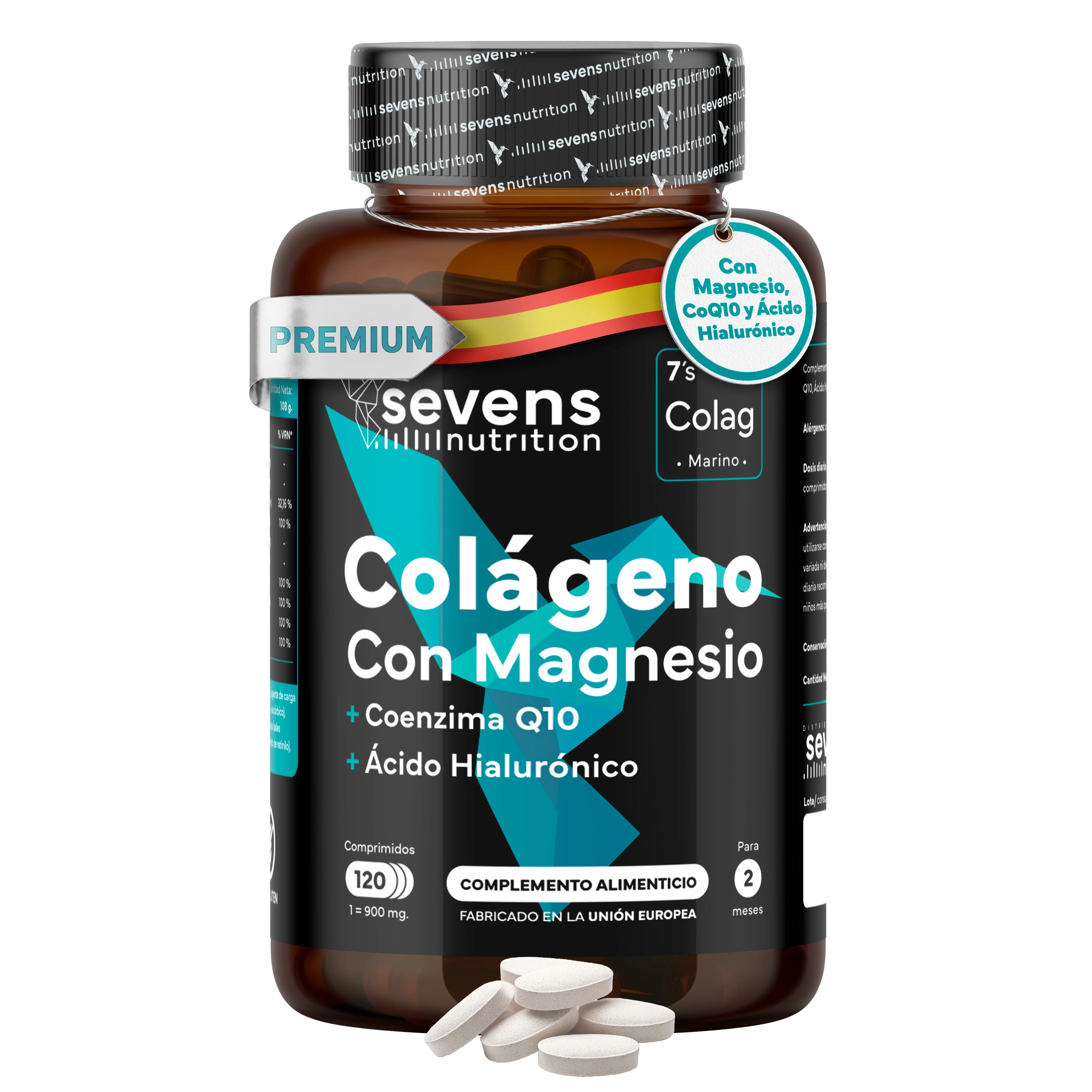 Colágeno Marino con Magnesio, Ácido Hialurónico y Coenzima Q10 – 120 Comprimidos – Con Vitaminas y Zinc – Sevens Nutrition