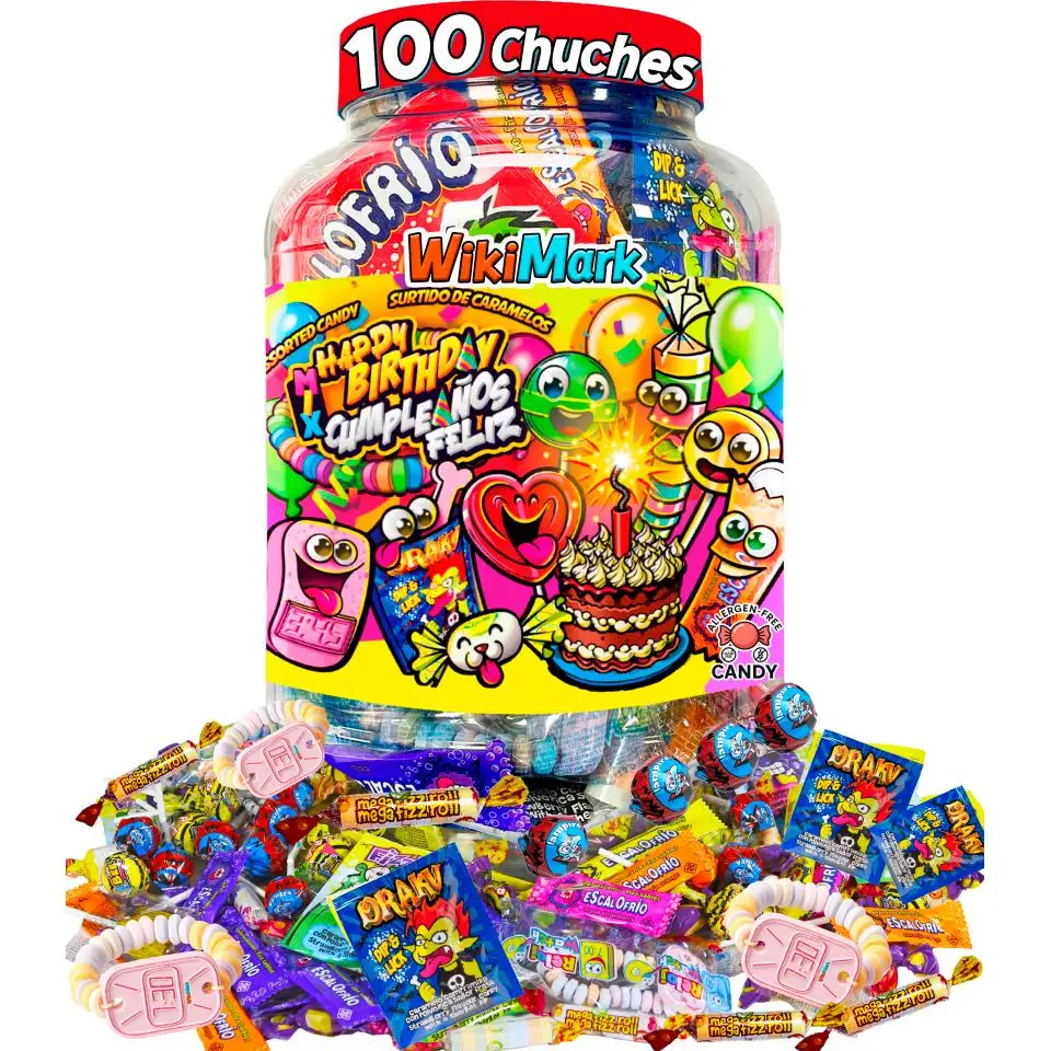 WikiMark - Bote 100 Chuches Surtidas para Cumpleaños y Piñatas | Caramelos Variados Infantiles | Golosinas para Fiestas, Candy Bar y Bolsas de Regalo | Mix Dulces Sin Gluten y Sin Leche