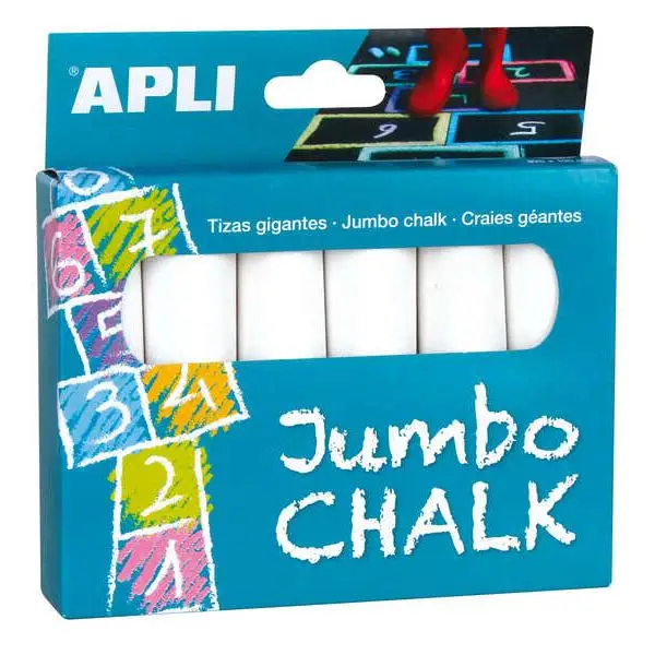 Apli tizas redondas jumbo blancas - tamaño Ø 25 x 105mm - fabricadas con sulfato de calcio bajo en residuo - sin polvo - ideales para escribir, dibujar y colorear en pizarras y pavimentos - aptas para
