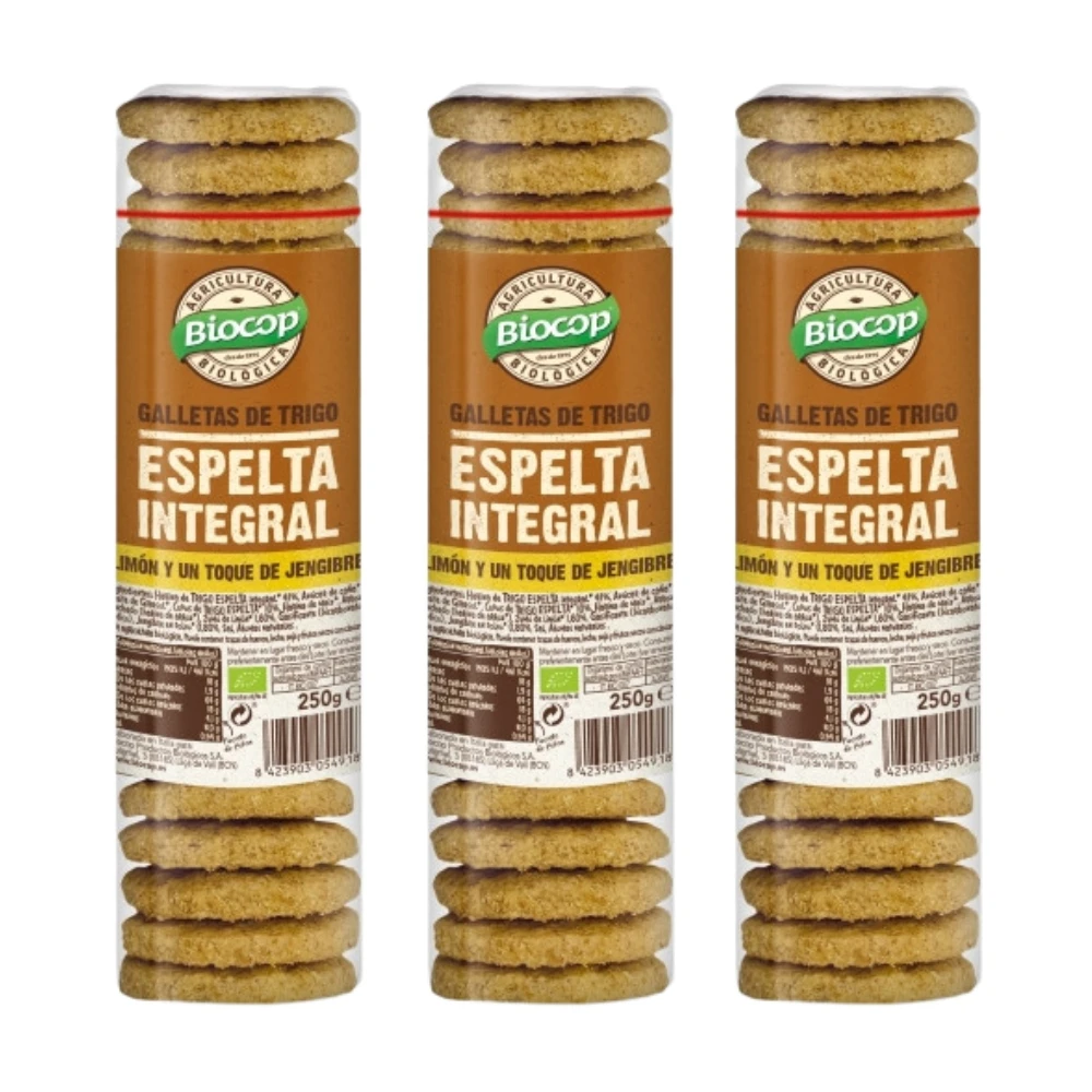 Galletas trigo espelta integral limón jengibre  Packs 3   Galleta gruesa y crujiente  Con aceite de girasol  Biocop