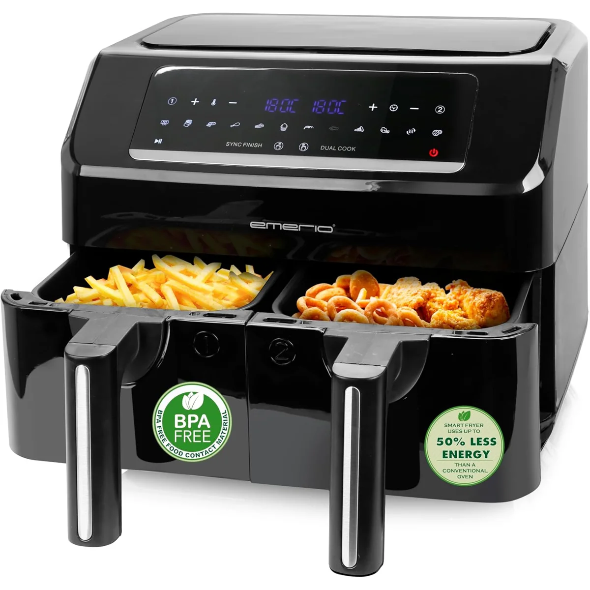 Freidora de Aire sin aceite Emerio AF-130376, Air fryer capacidad 3,6L+3,6L, Potencia 2400W, Dos cestas independientes, Pantalla digital, 12 programas, Termostato regulable 50-200ºC, Sync Finish