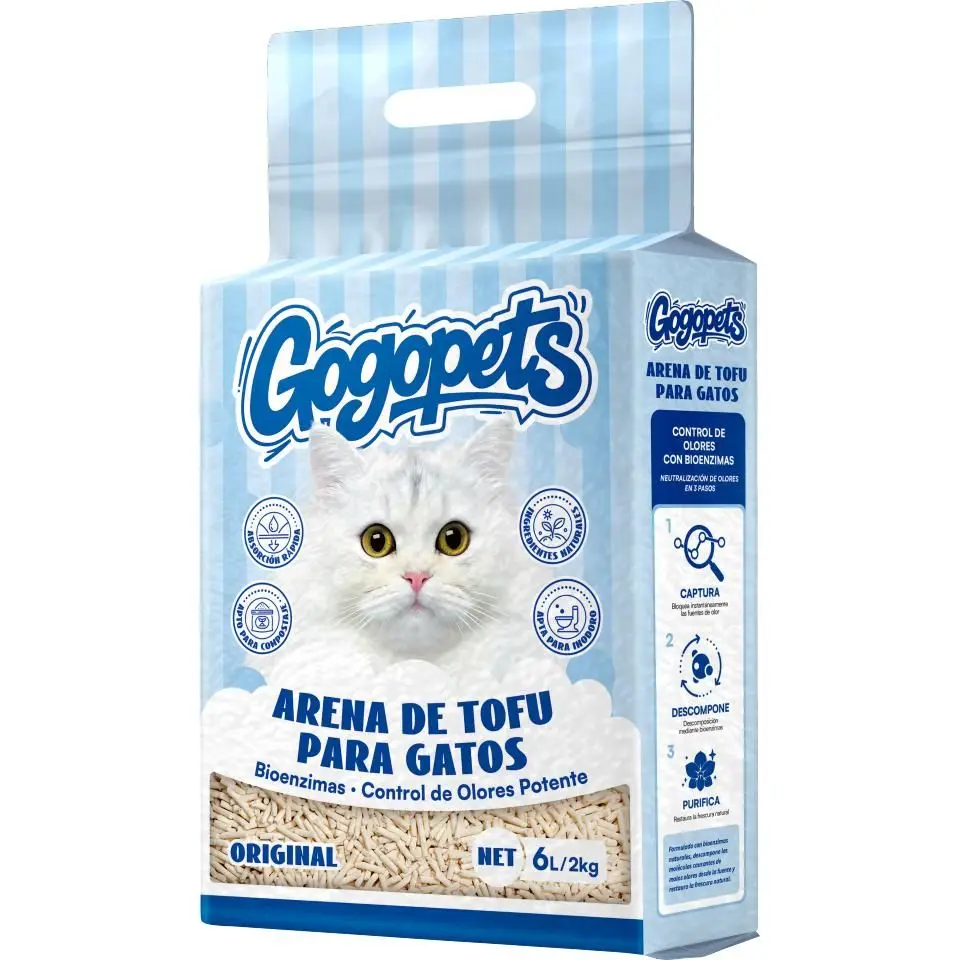 Arena para Gatos Tofu Vegetal 2kg 6L Alta Absorción Sin Polvo y Antiolor Compostable y Apta para Inodoro GOGOPETS